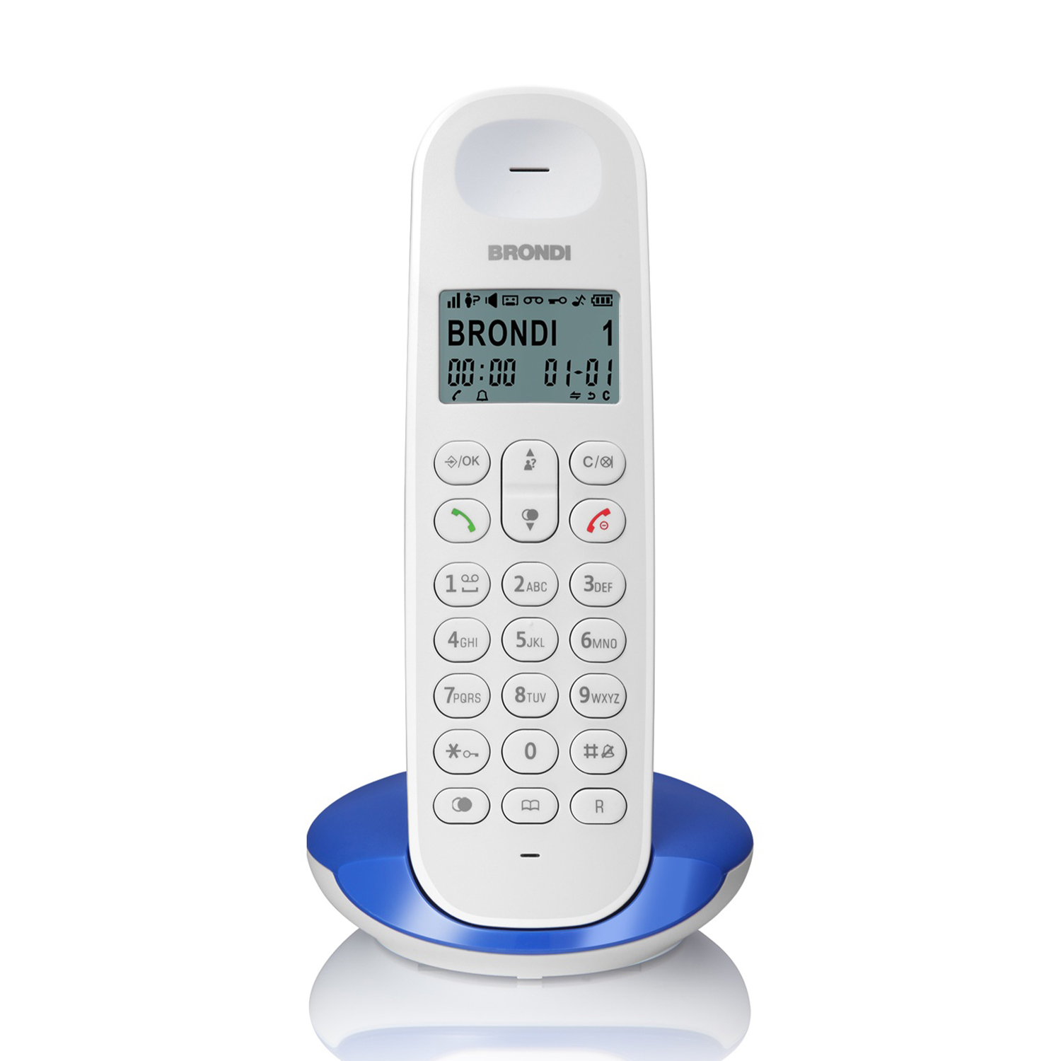 Un telefono cordless bianco con base blu sta su sfondo bianco.