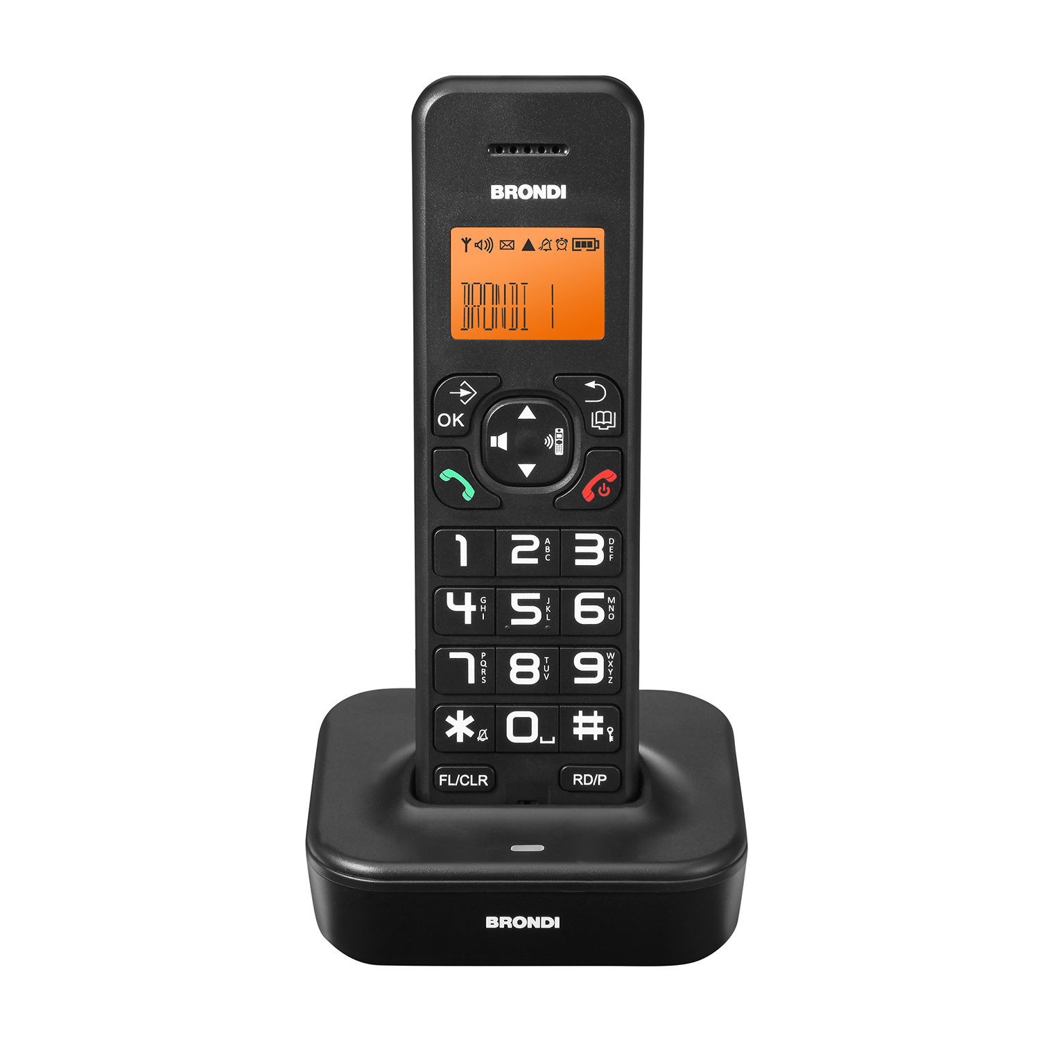 Telefono cordless nero con tasti grandi su base di ricarica. Display mostra 'BRONDI'.