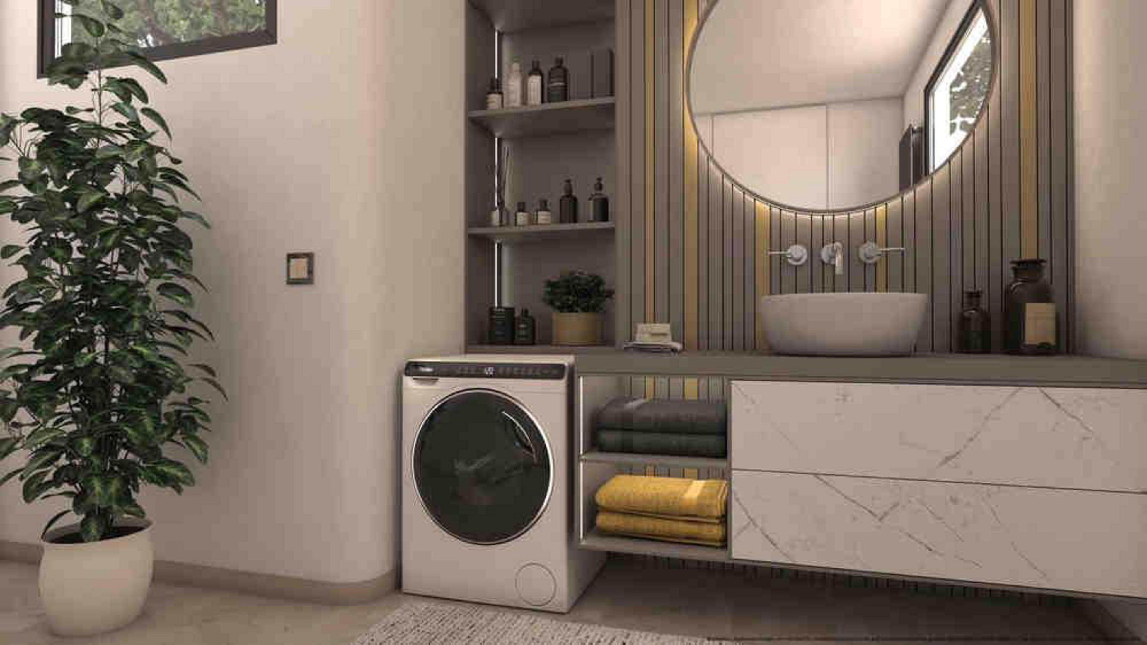 Bagno moderno con lavatrice, lavandino, specchio e piante.
