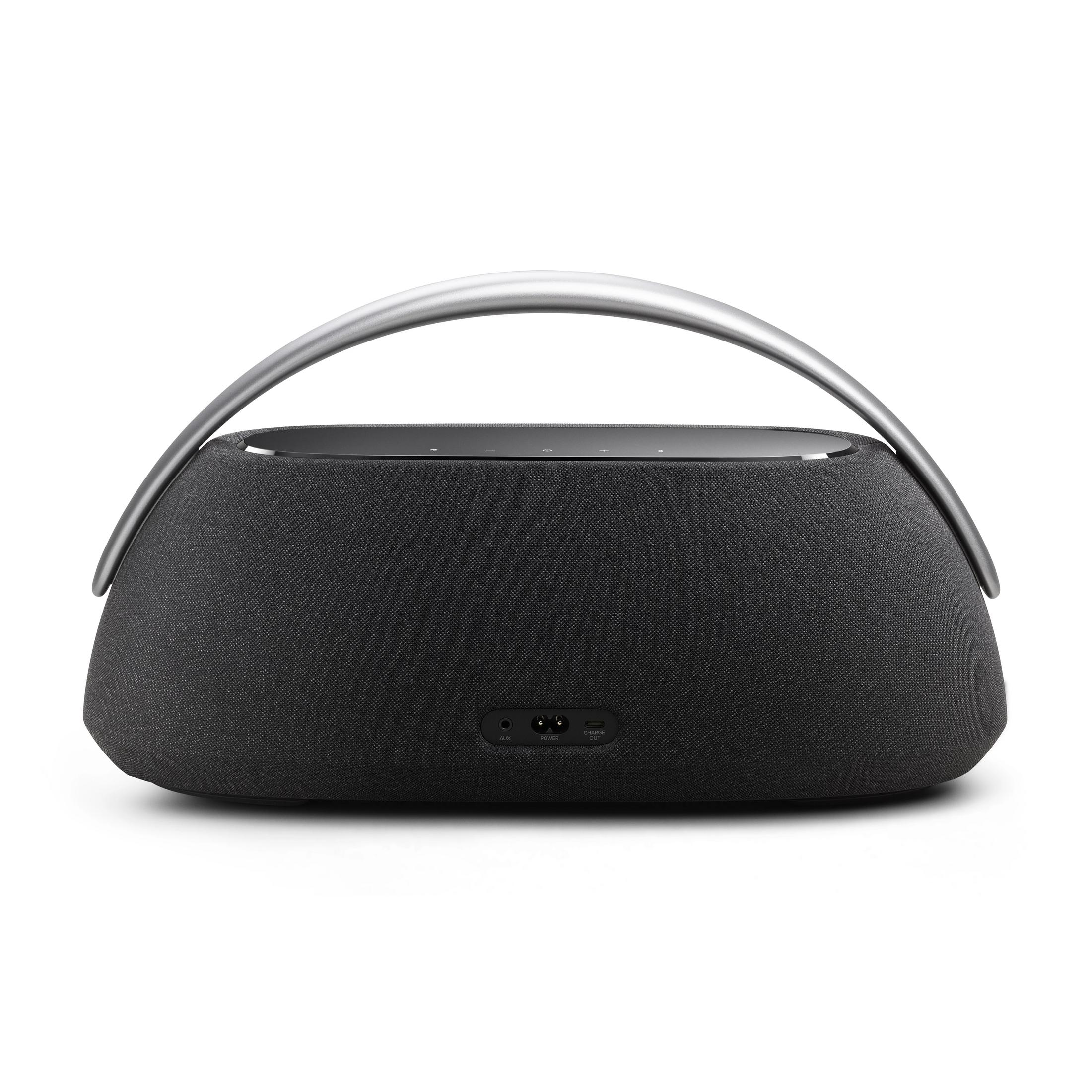 Czarny głośnik Bluetooth z srebrnym uchwytem i portami z tyłu.