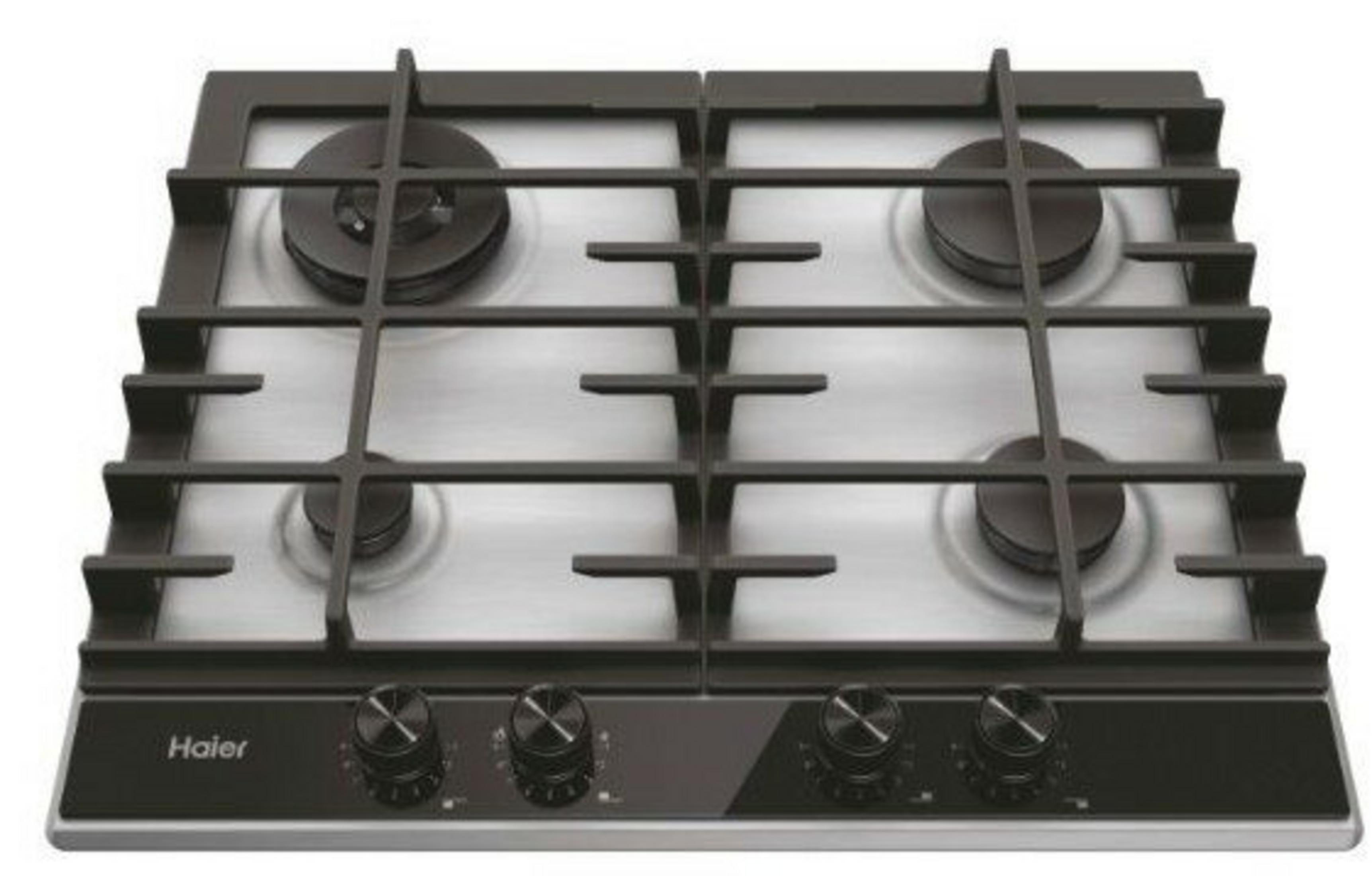 Srebrna kuchenka gazowa z czterema palnikami i czarnymi żeliwnymi rusztami.