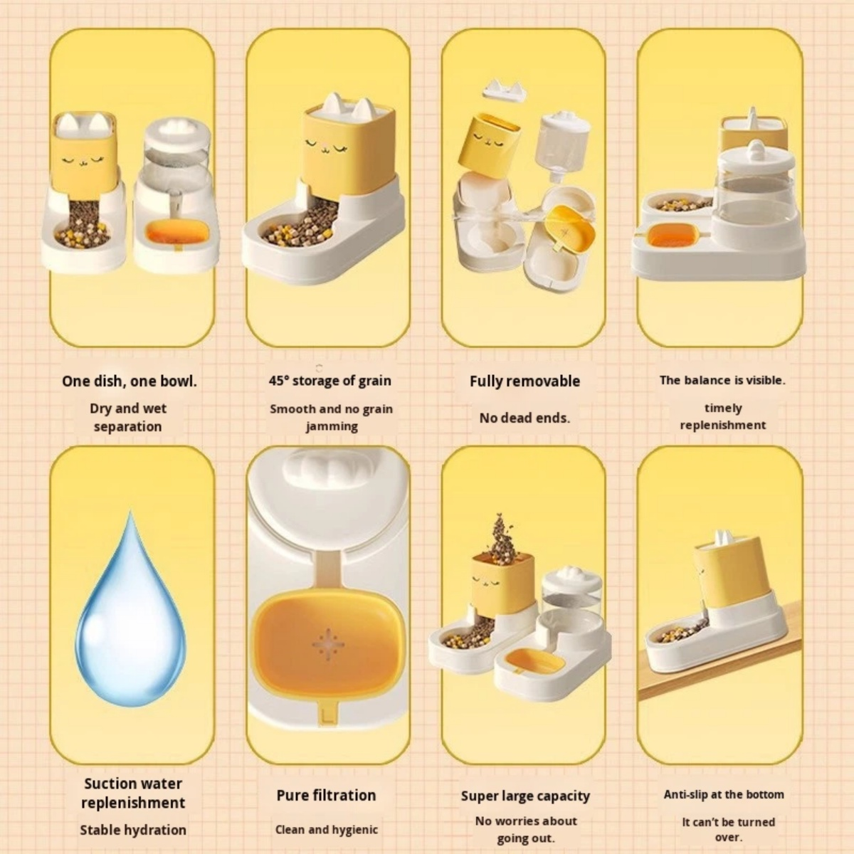Ein gelber und weißer Tierfutterspender mit getrennten Schalen für Futter und Wasser.