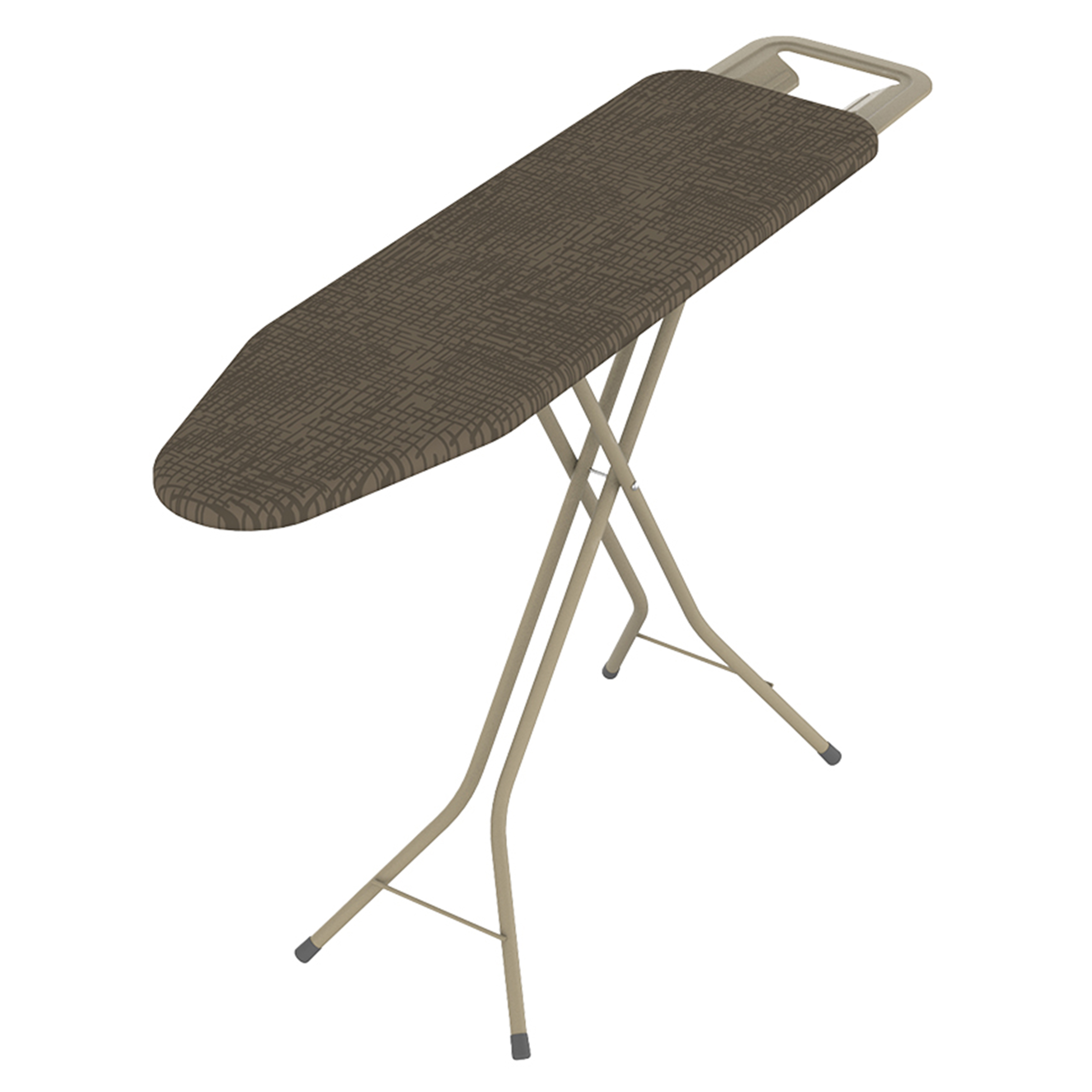 Table à repasser pliable avec housse marron à motifs et pieds en métal.