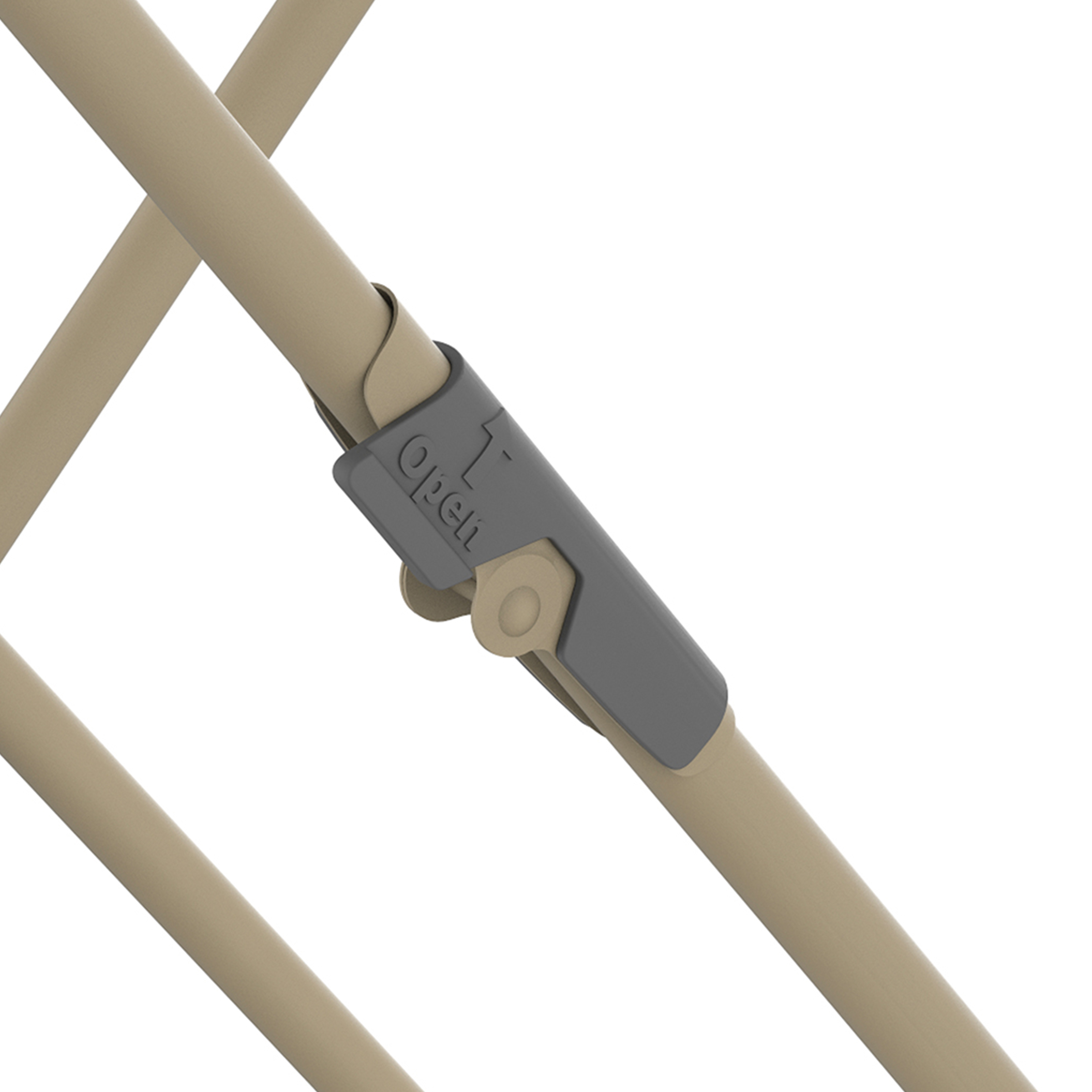 Une partie du cadre beige avec une charnière grise marquée "Open".
