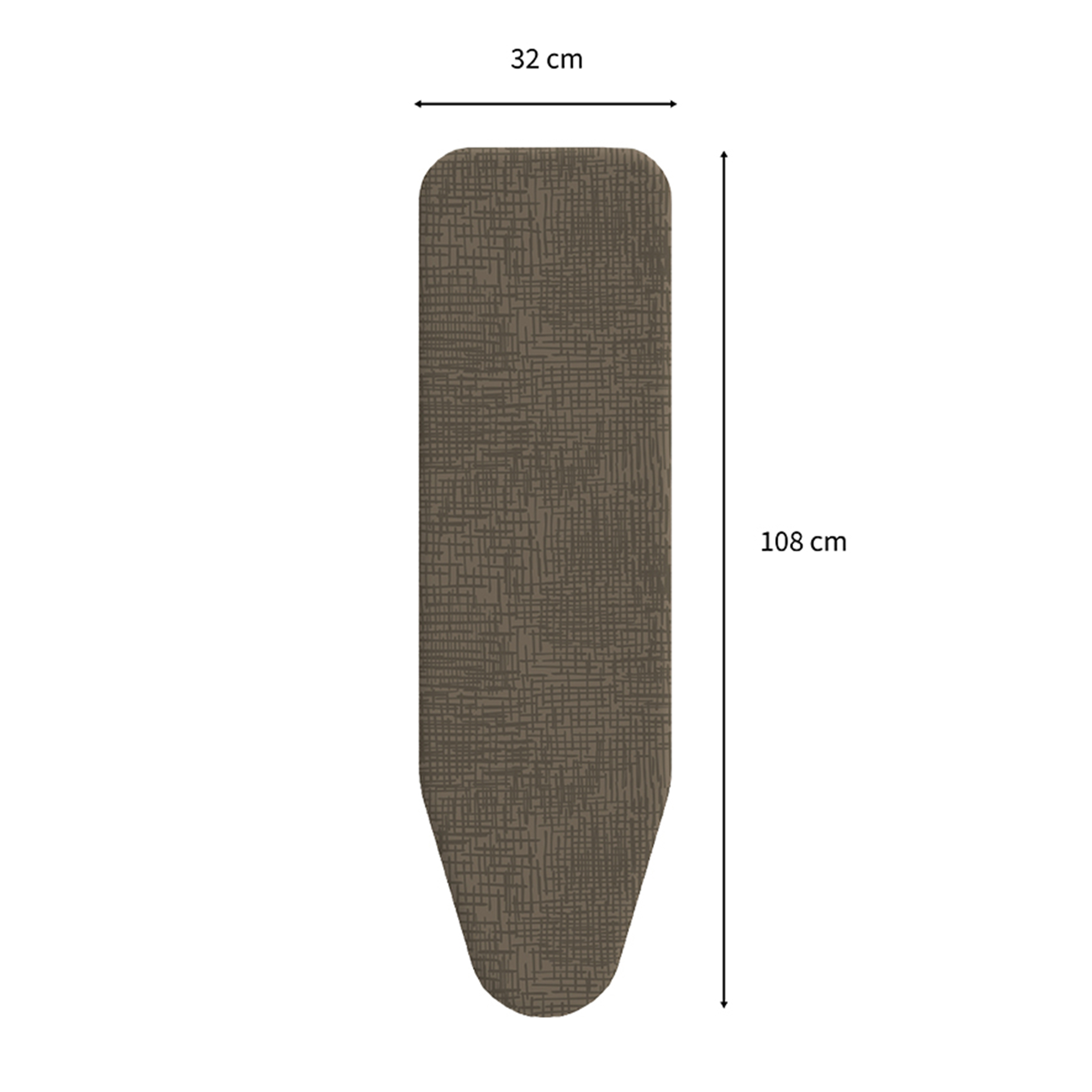 Housse de table à repasser marron à motifs, 108 cm de long et 32 cm de large.