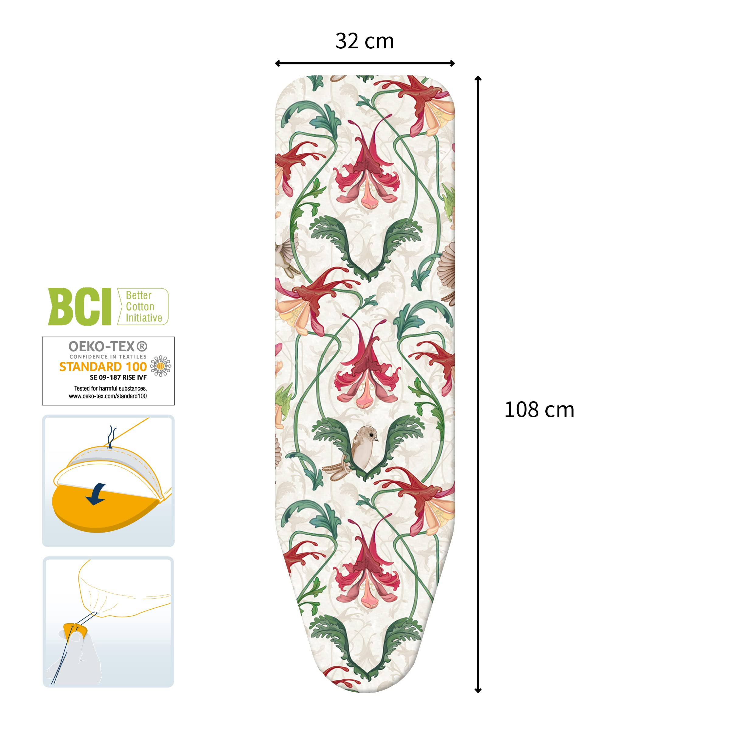 Bügelbrettbezug mit Blumenmuster, 32 x 108 cm.
