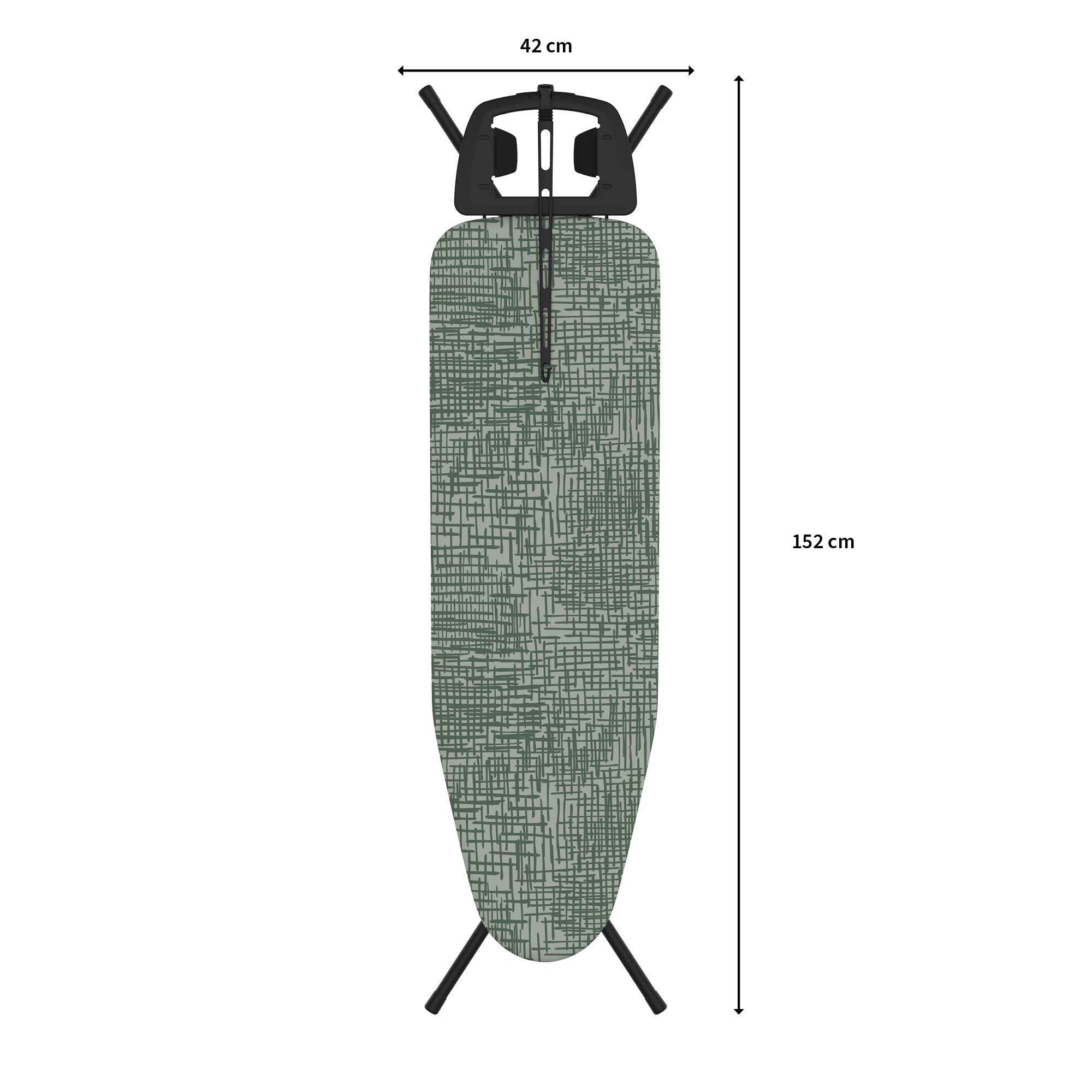 Ein Bügelbrett mit grauem Muster, 152 cm lang und 42 cm breit.