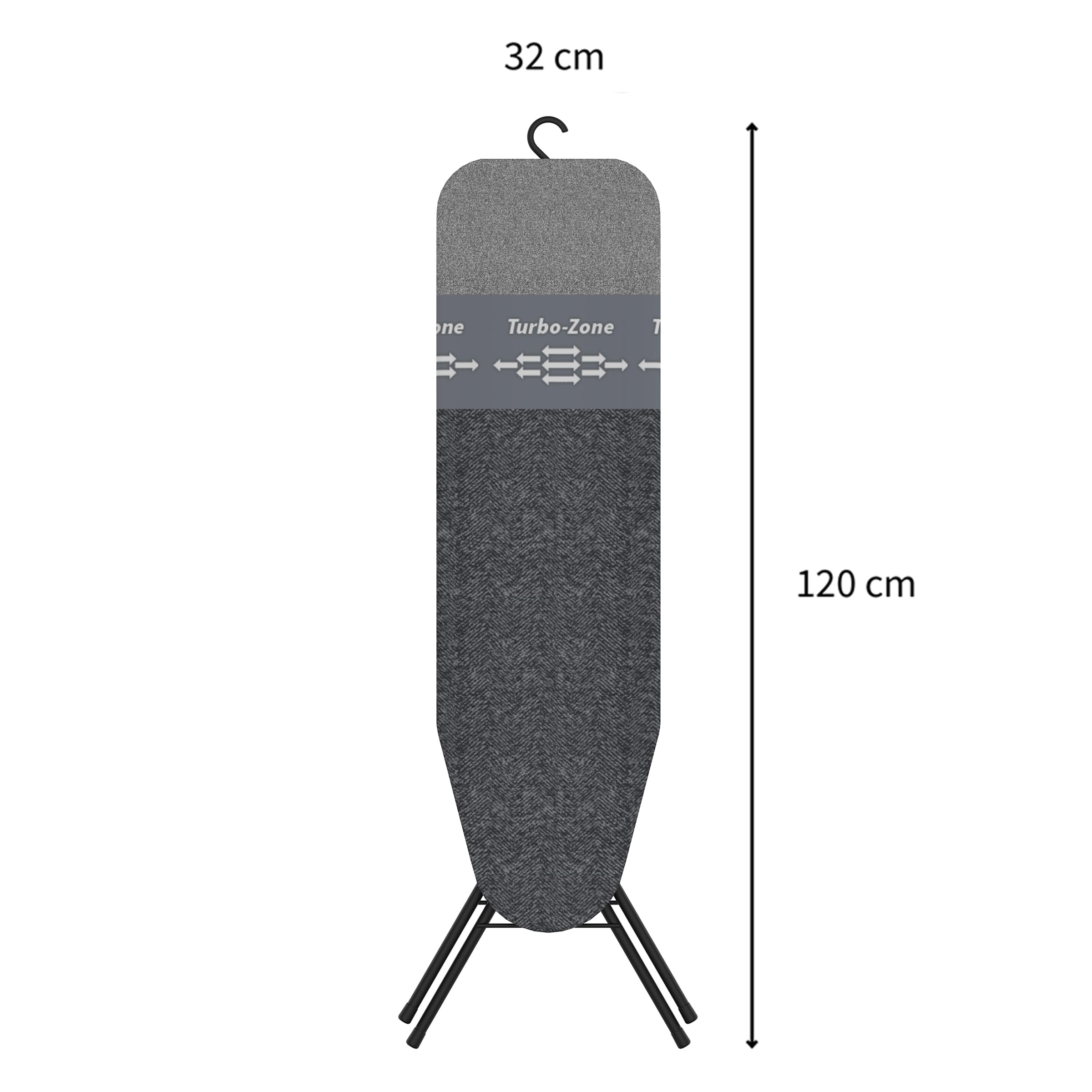 Ein graues Bügelbrett mit Haken und Größenangaben (32 cm, 120 cm).