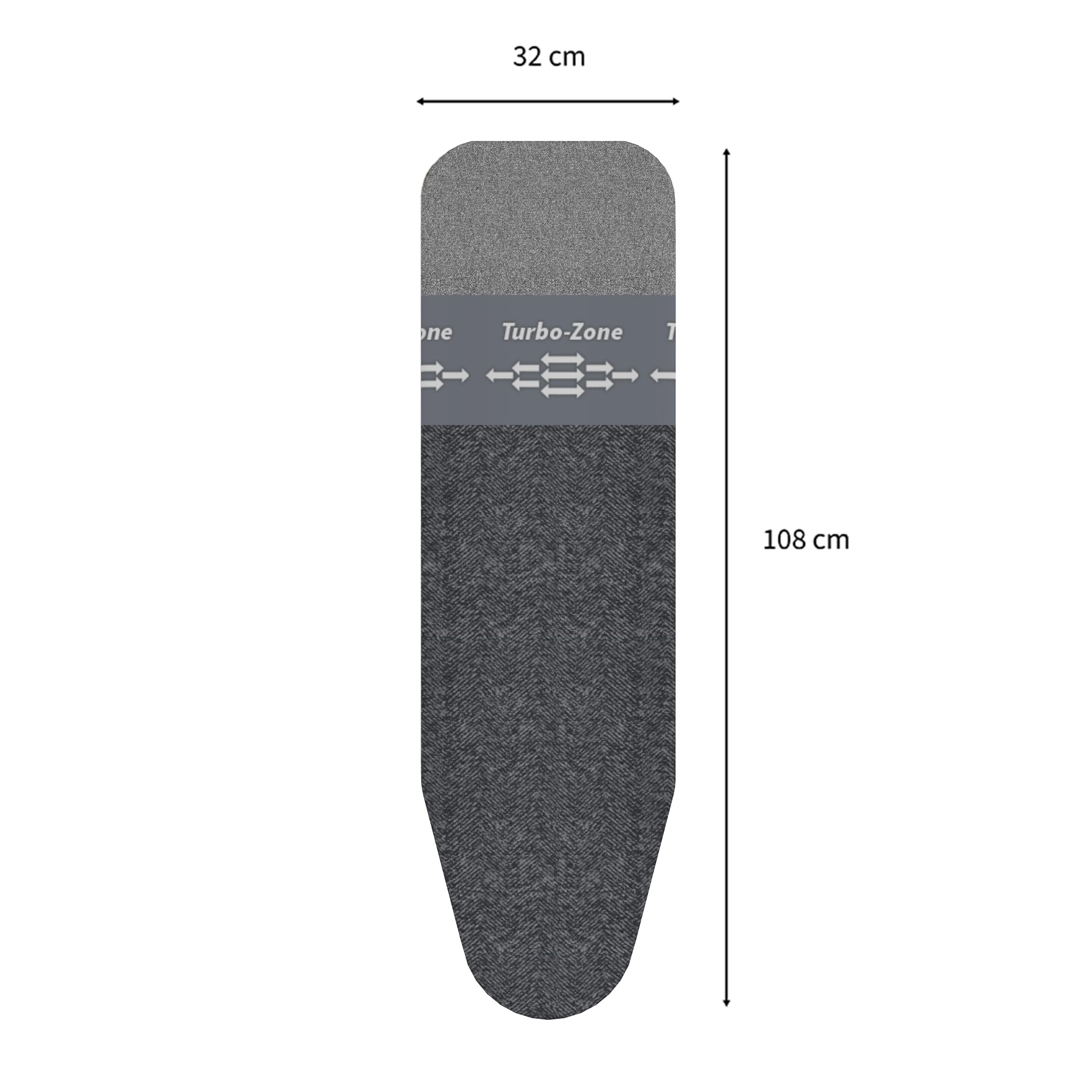 Graues Bügelbrettbezug mit Aufdruck Turbo-Zone, 32x108 cm.