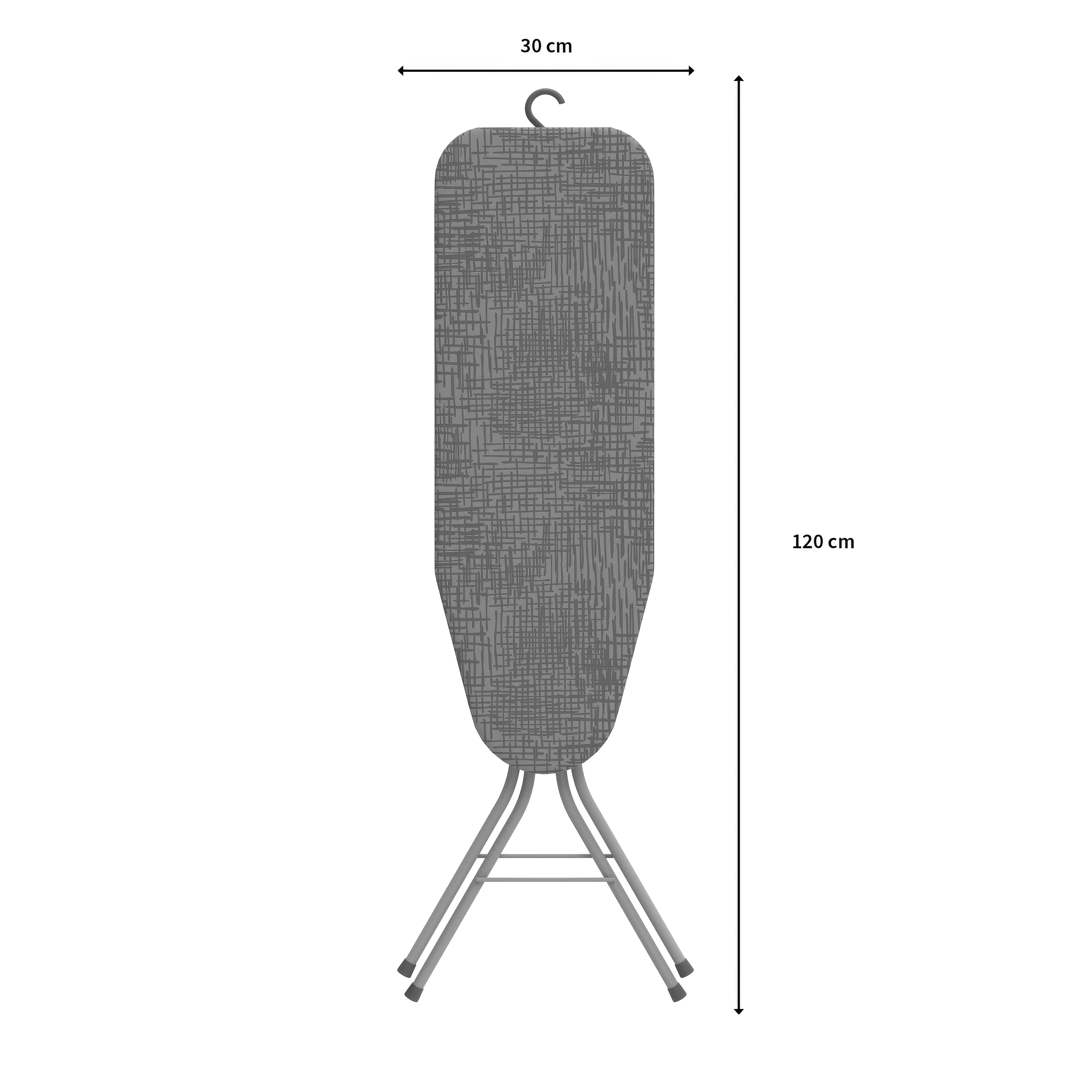 Graues Bügelbrett mit Muster, 120 cm hoch, 30 cm breit.