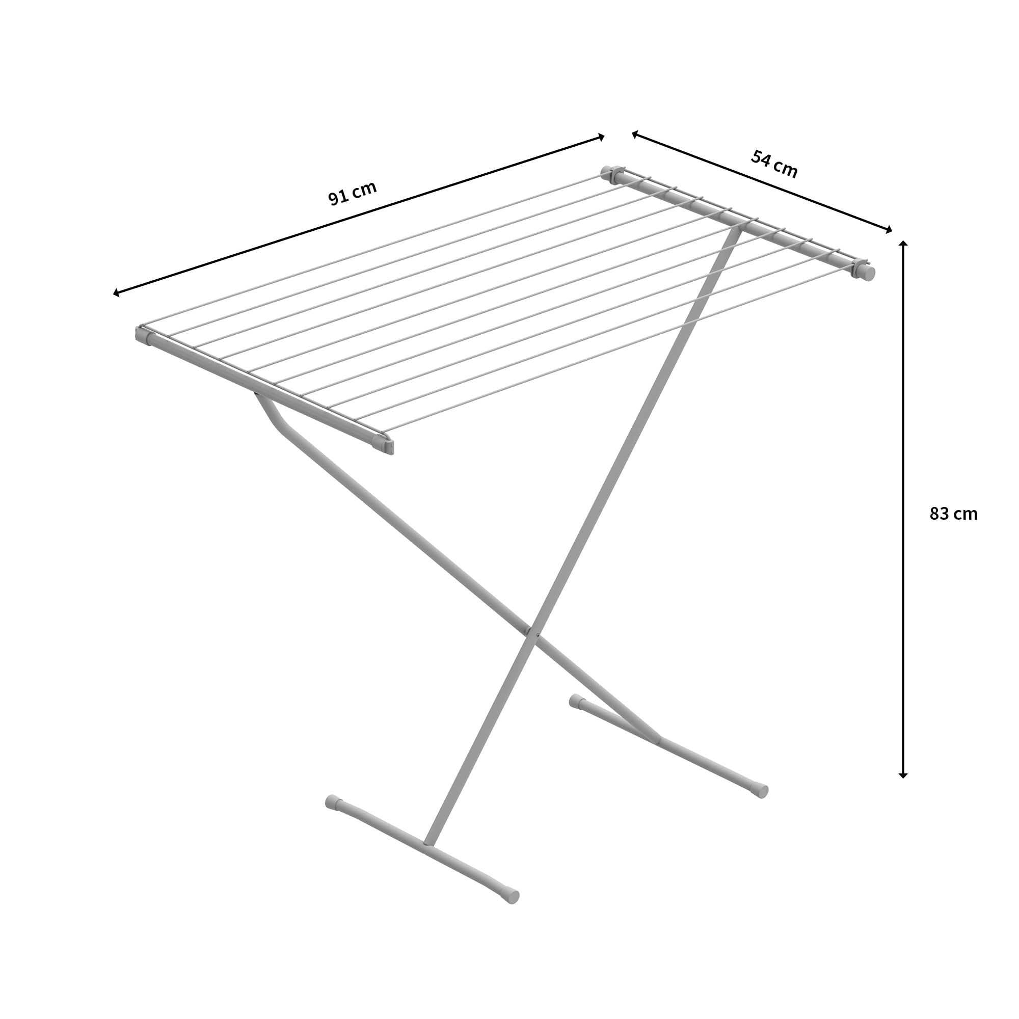 A foldable metal drying rack, dimensions 91x54x83 cm.