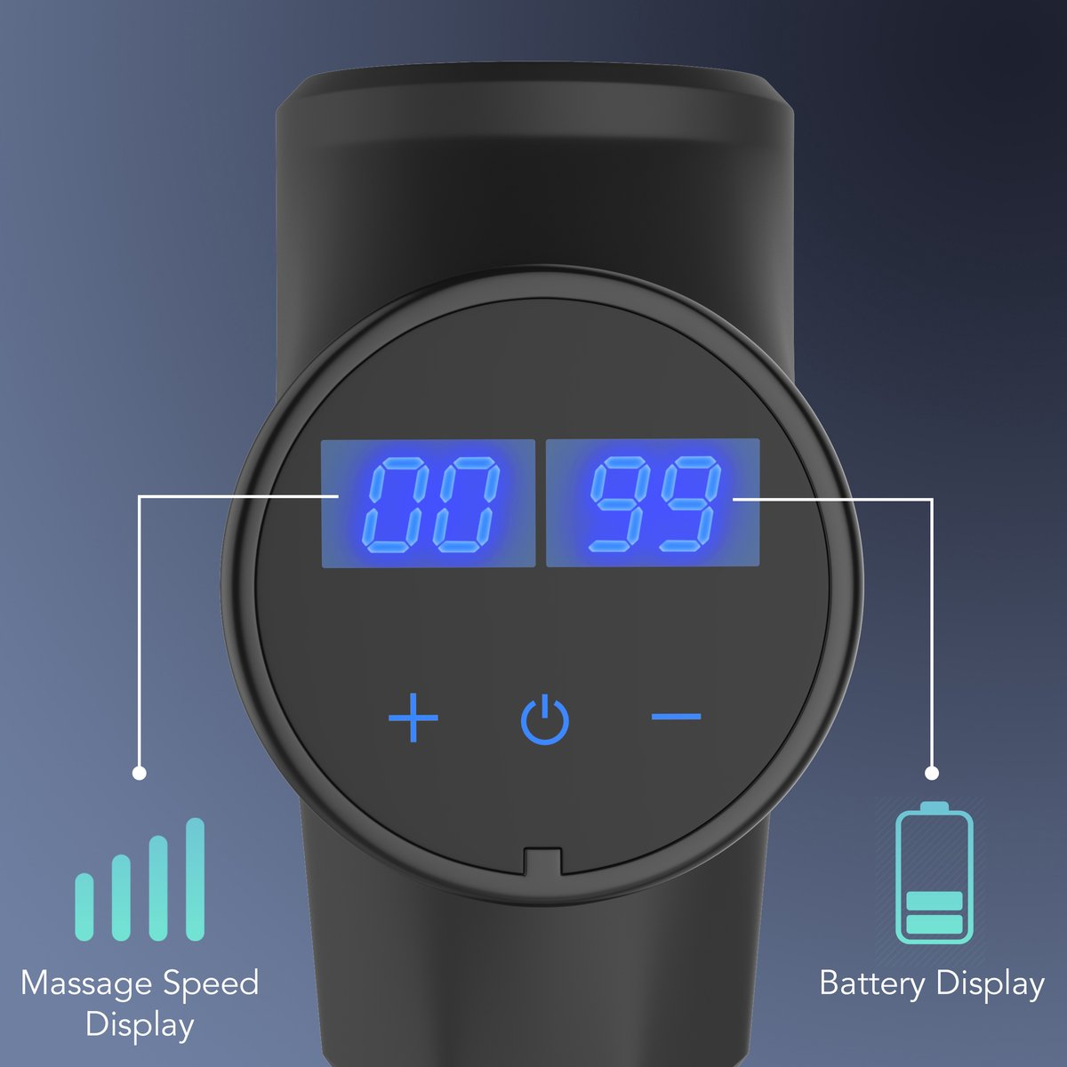 Massagepistole mit digitaler Anzeige für Geschwindigkeit und Akku.