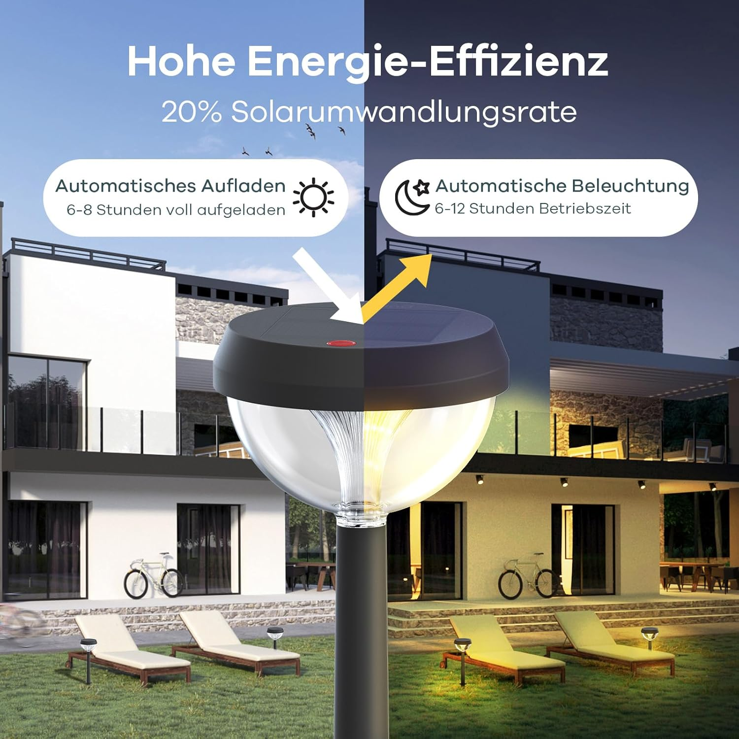 Solarleuchte vor Haus mit Liegestühlen. Lädt automatisch, beleuchtet nachts.