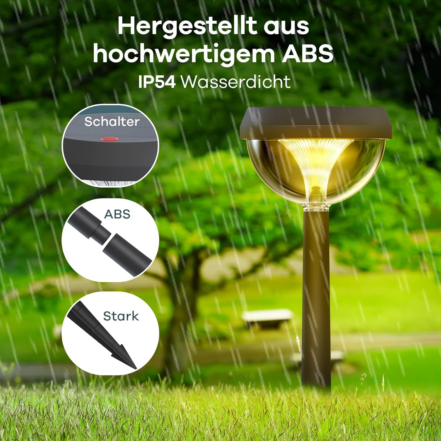 Gartenlampe mit Schalter, ABS-Material und Erdspieß bei Regen.