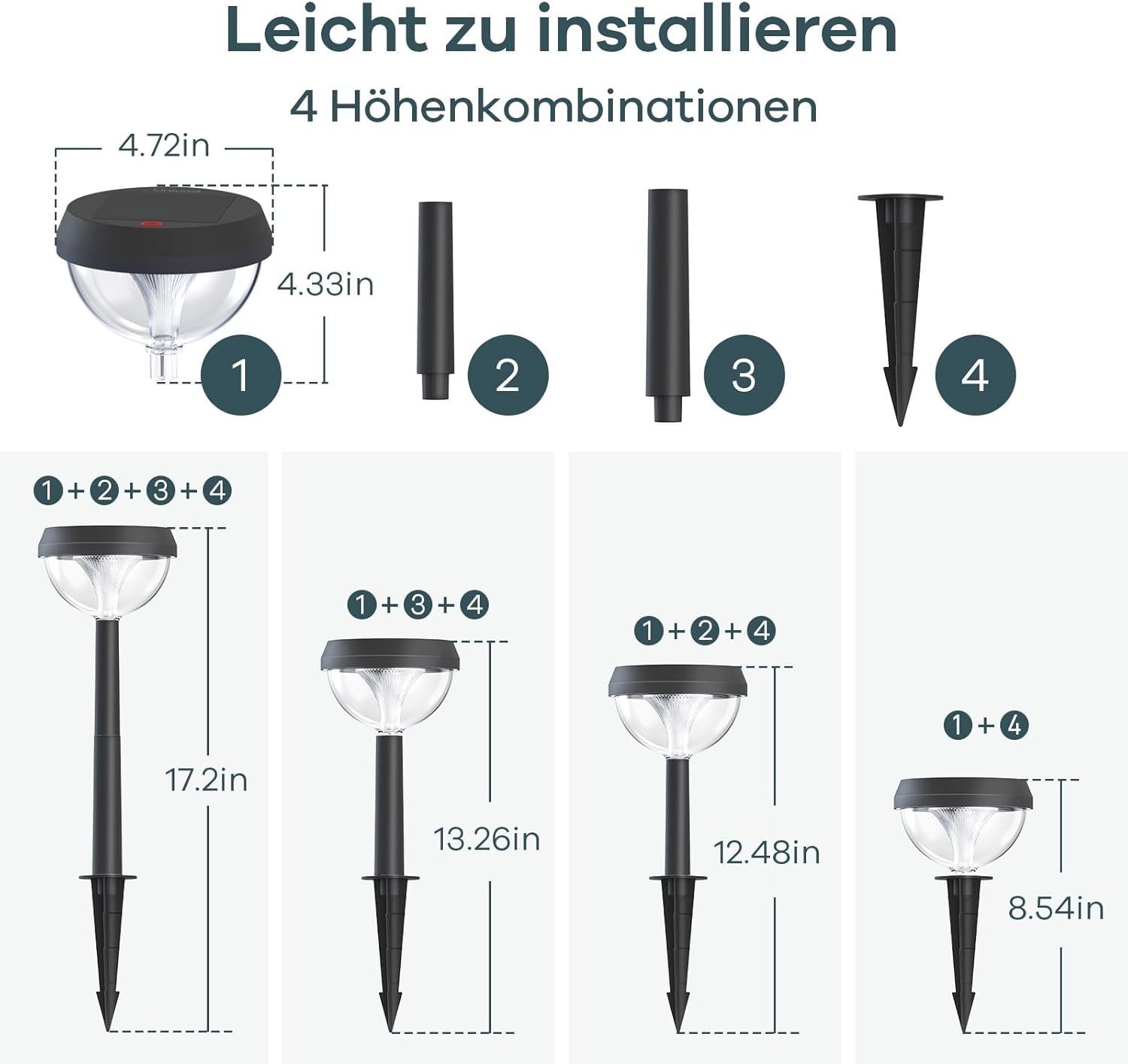 Gartenleuchten: 4 Höhenkombinationen mit Maßen.