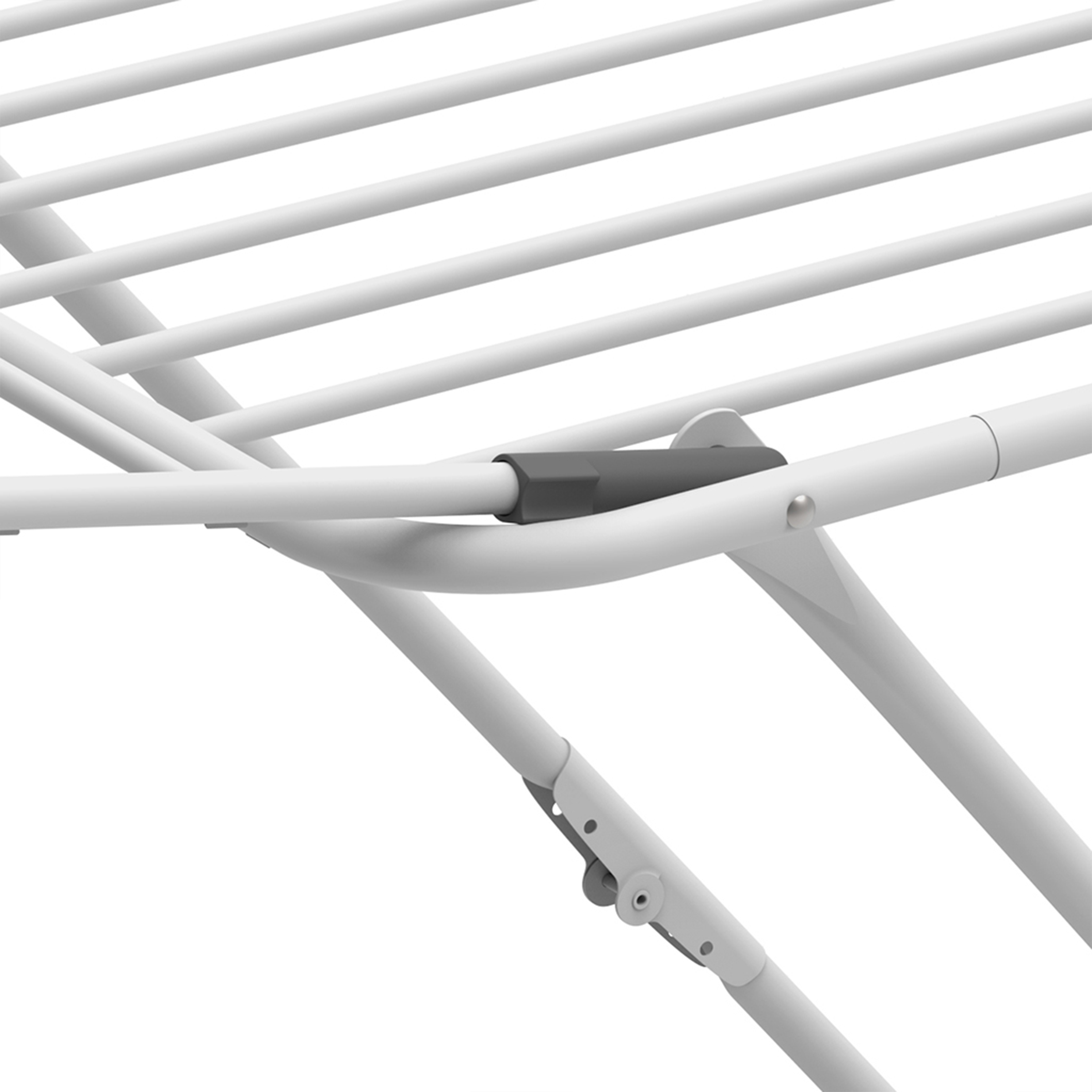 Gros plan d'un étendoir à linge blanc avec des connecteurs gris.