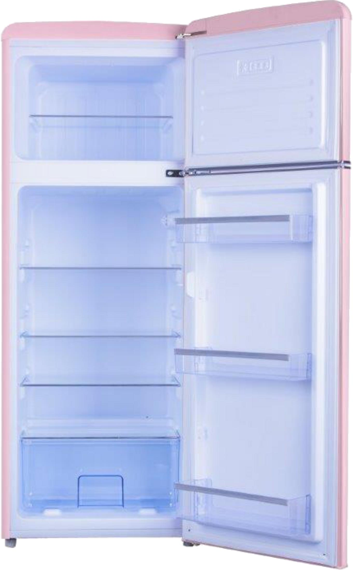 Ein rosa Kühlschrank mit offener Tür, leer, mit Regalen und einer Schublade.
