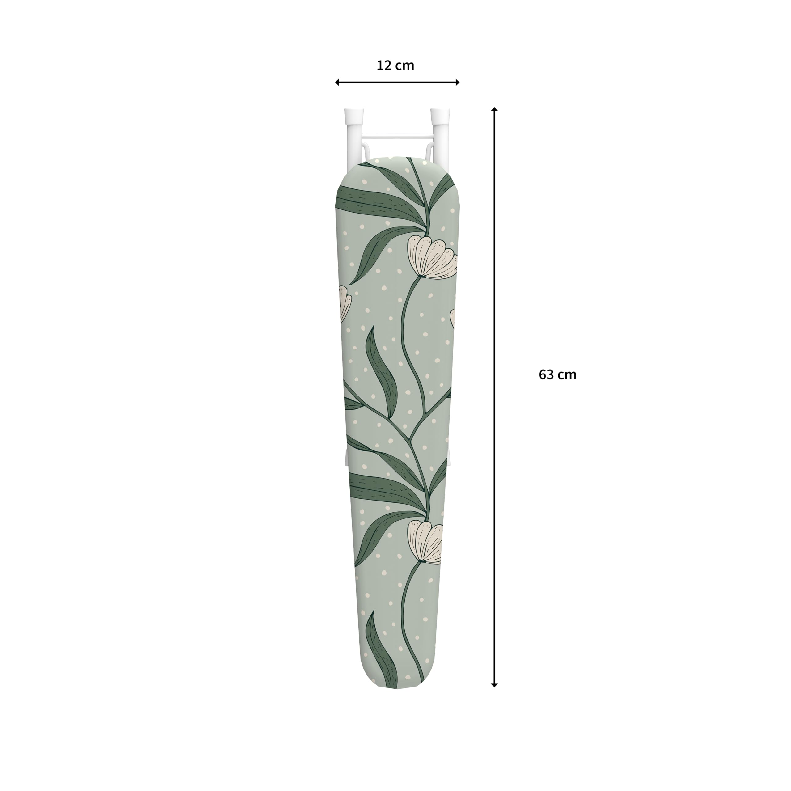 Eine Bügelbrettabdeckung mit Blumenmuster in Grün und Weiß.