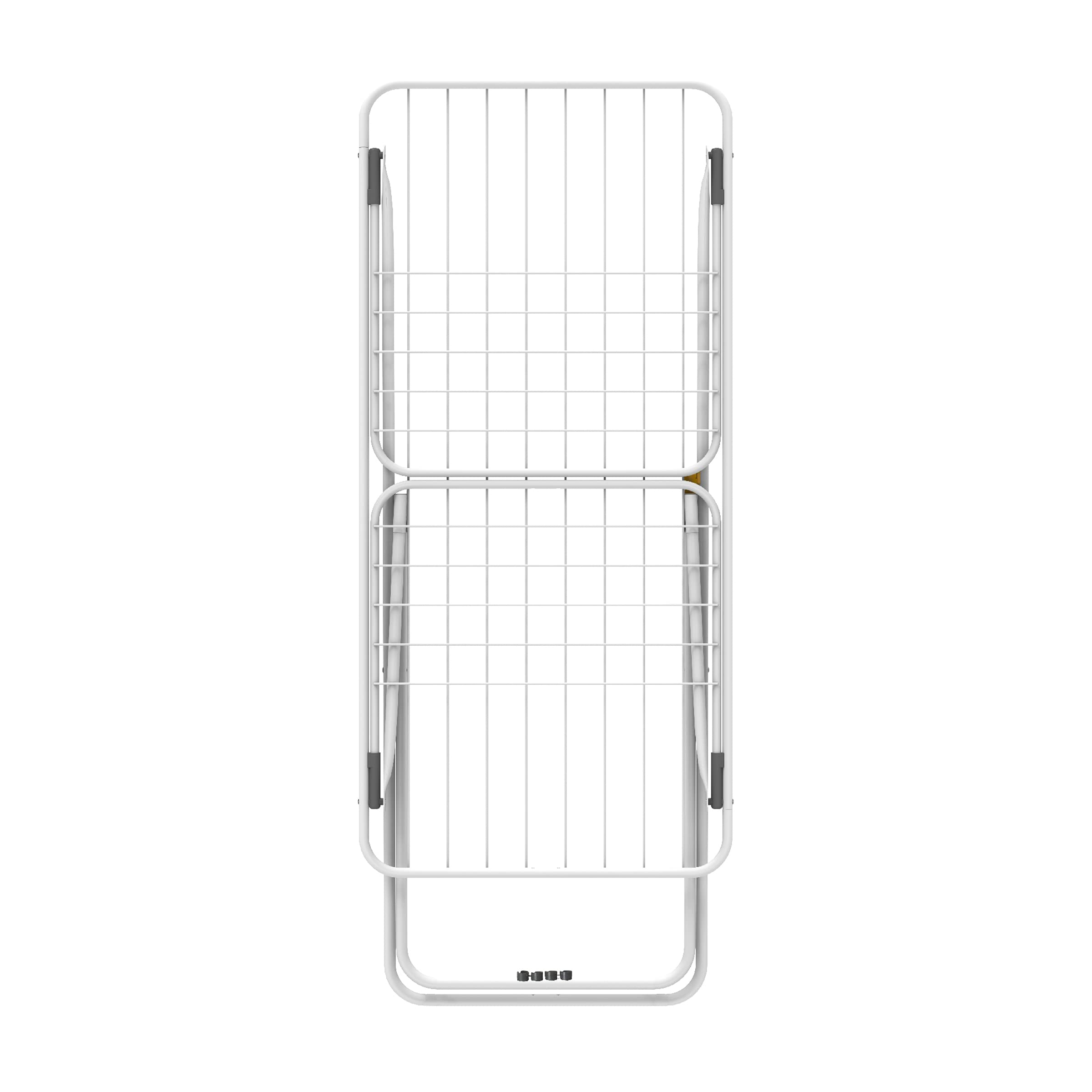 A white, multi-tiered clothes drying rack with grey connectors.