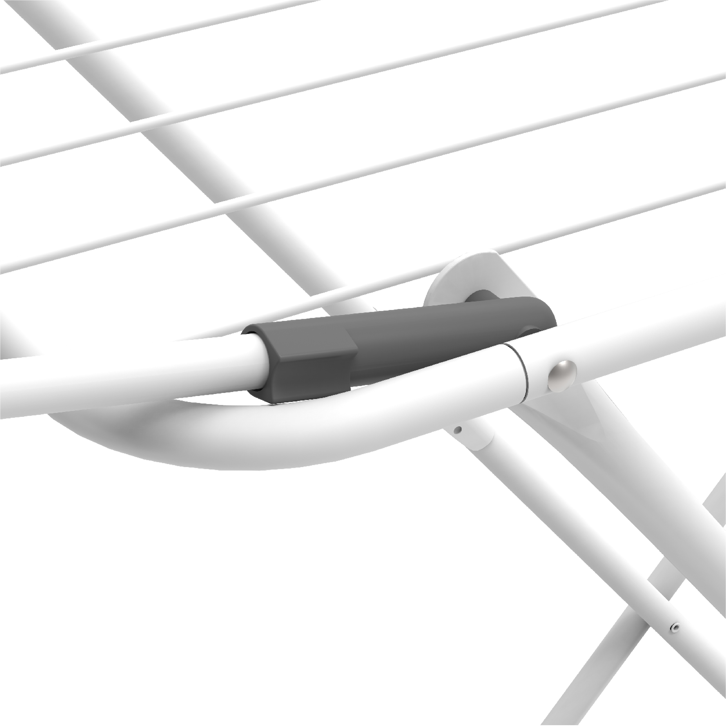 Close-up of a white clothes drying rack with gray connectors.