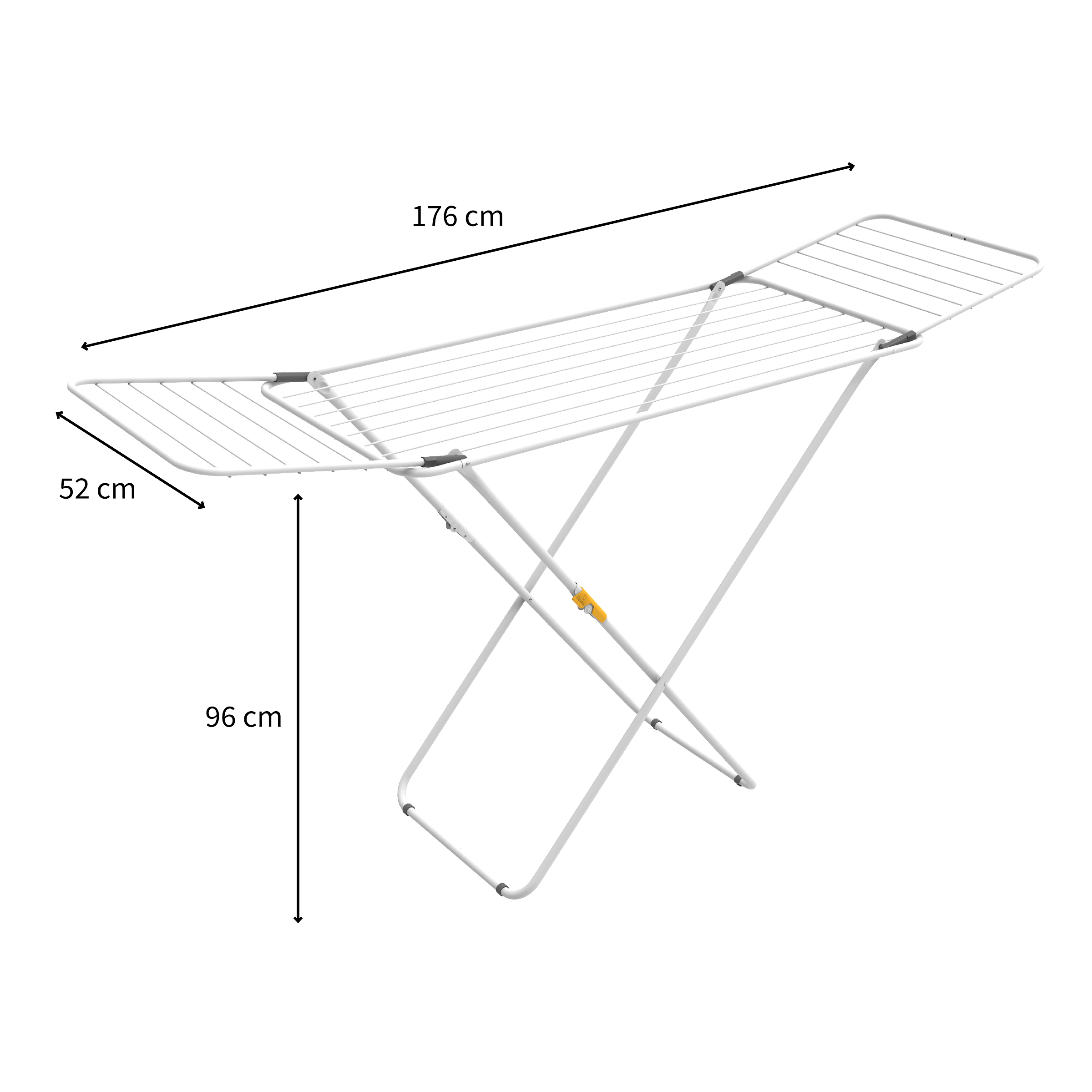 A white drying rack with wings extended, showing dimensions.