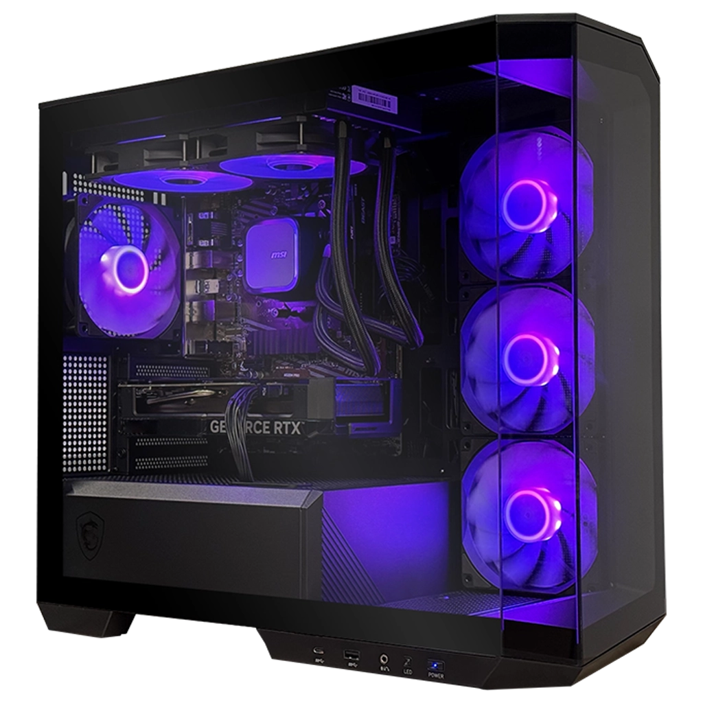 Een zwarte gaming-pc met glazen voorkant en paarse ventilatorverlichting.