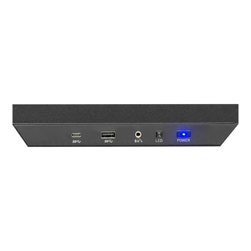 Een zwart apparaat met USB-C, USB-A, audio-aansluiting, LED en aan/uit-knop.