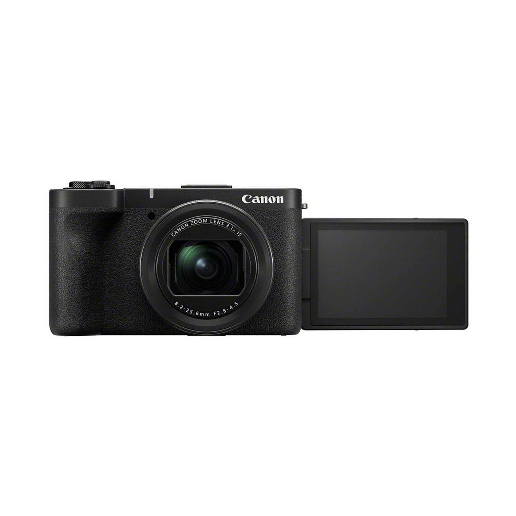 Eine schwarze Canon-Kamera mit ausklappbarem Bildschirm und Zoomobjektiv.