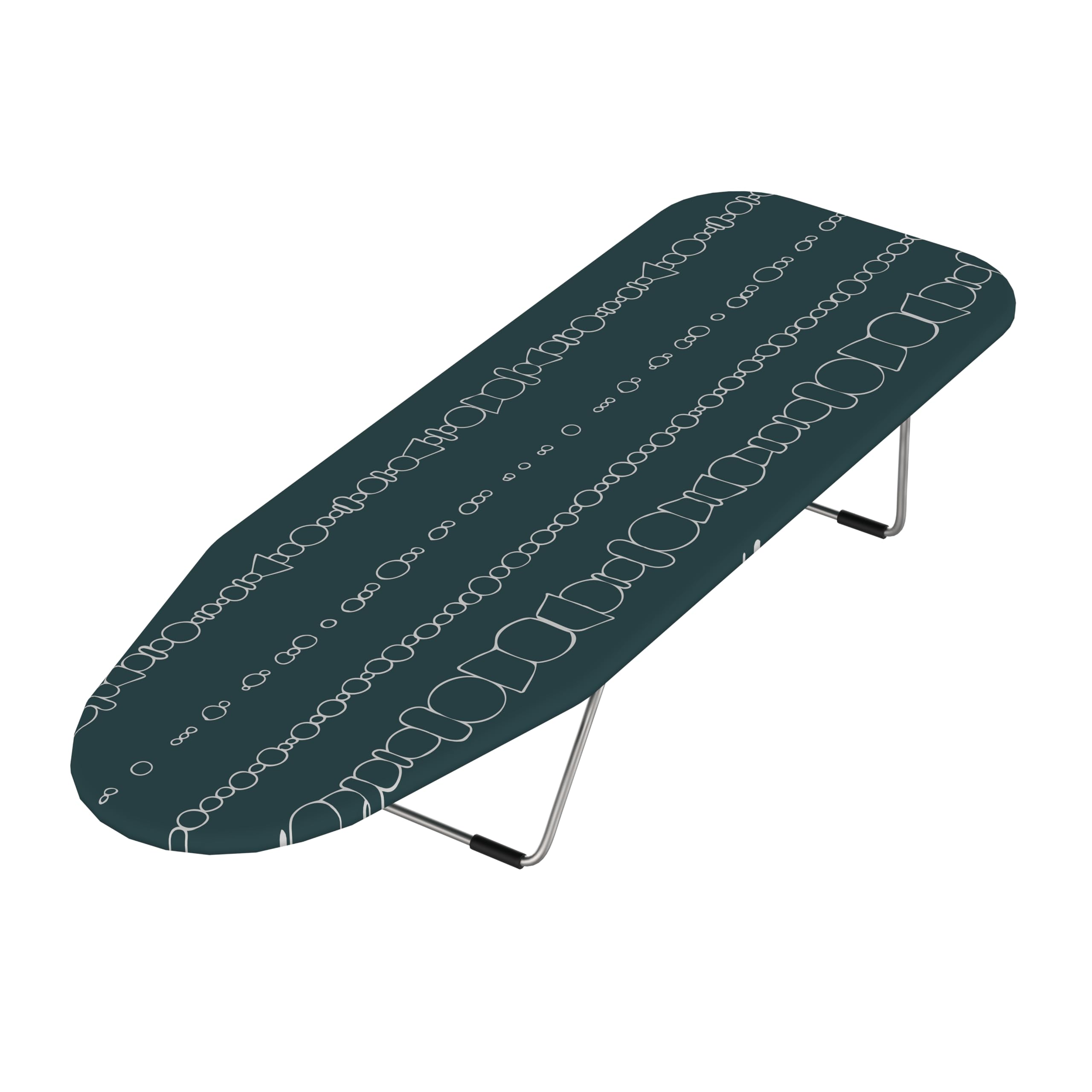 Planche à repasser vert foncé avec motif de chaînes et cercles blancs et pieds argentés.