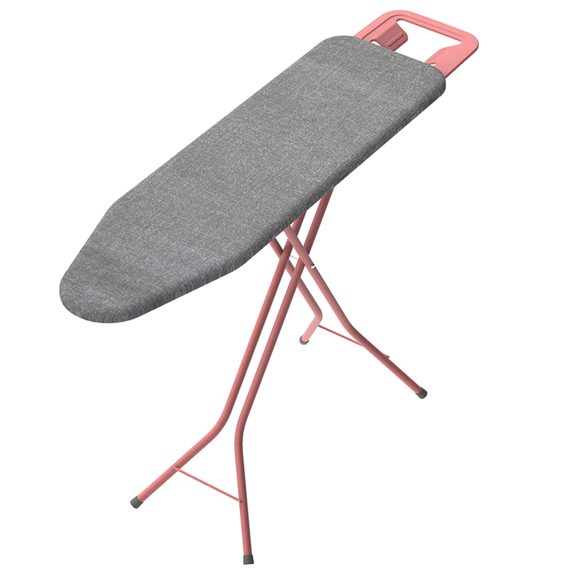 Ein graues Bügelbrett mit rosafarbenen Metallbeinen und Griff.