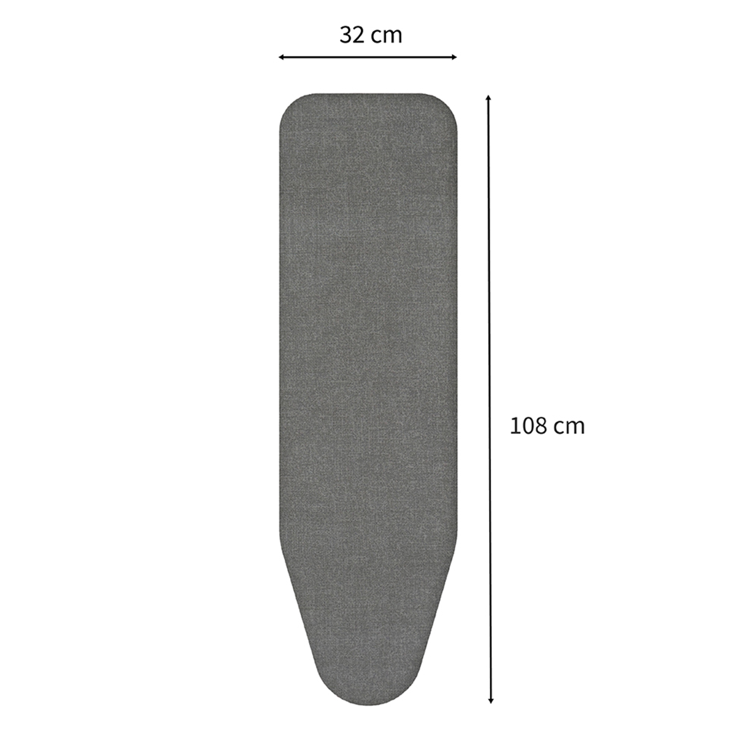 Graue Bügelbrettauflage, 108 cm lang, 32 cm breit.