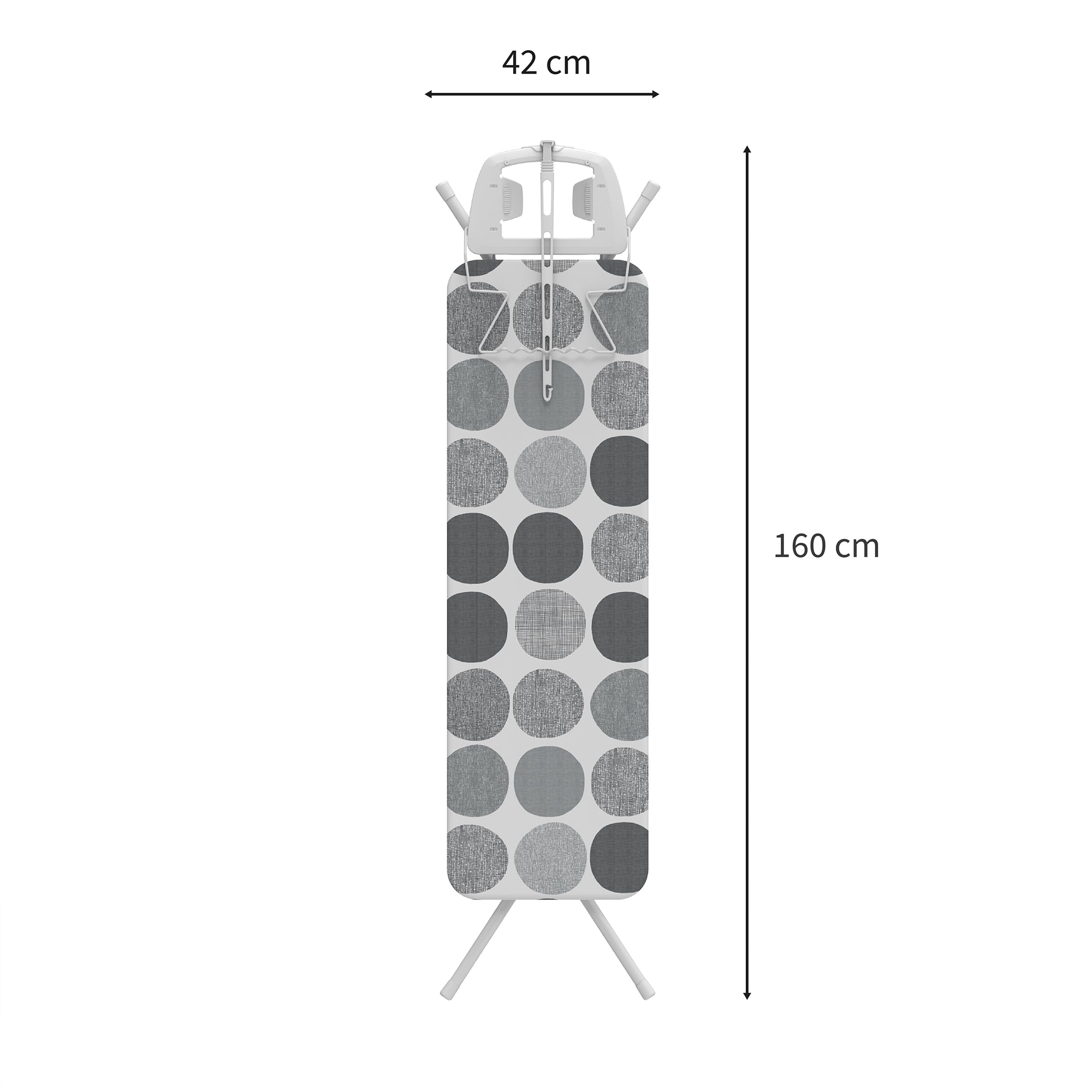 Bügeleisen mit grauen Kreisen, 160cm lang, 42cm breit.
