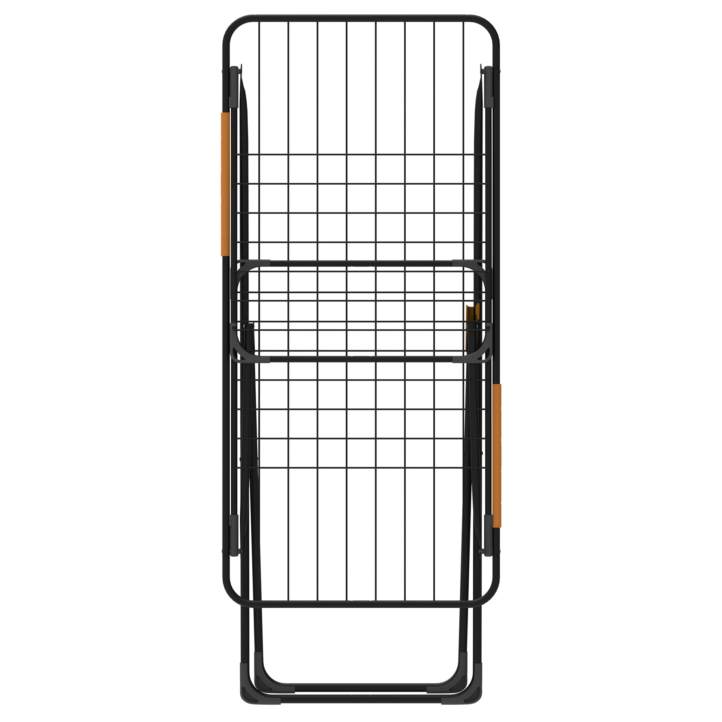 A folded black metal drying rack with wooden handles.