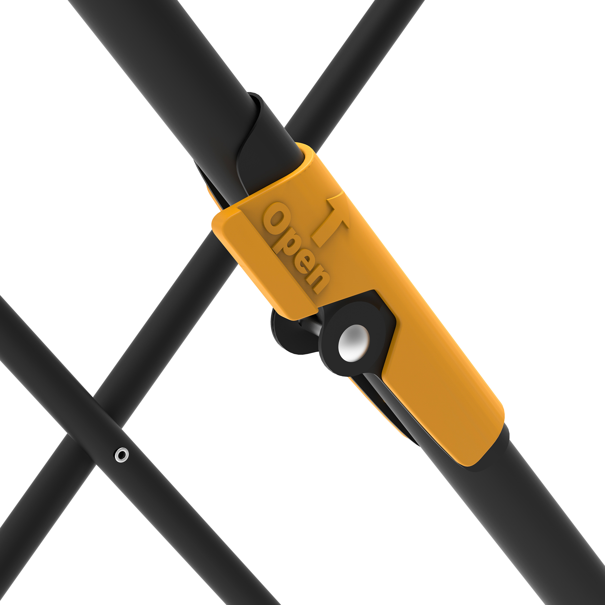 An orange connector with "Open" and an arrow on black poles against a white background.