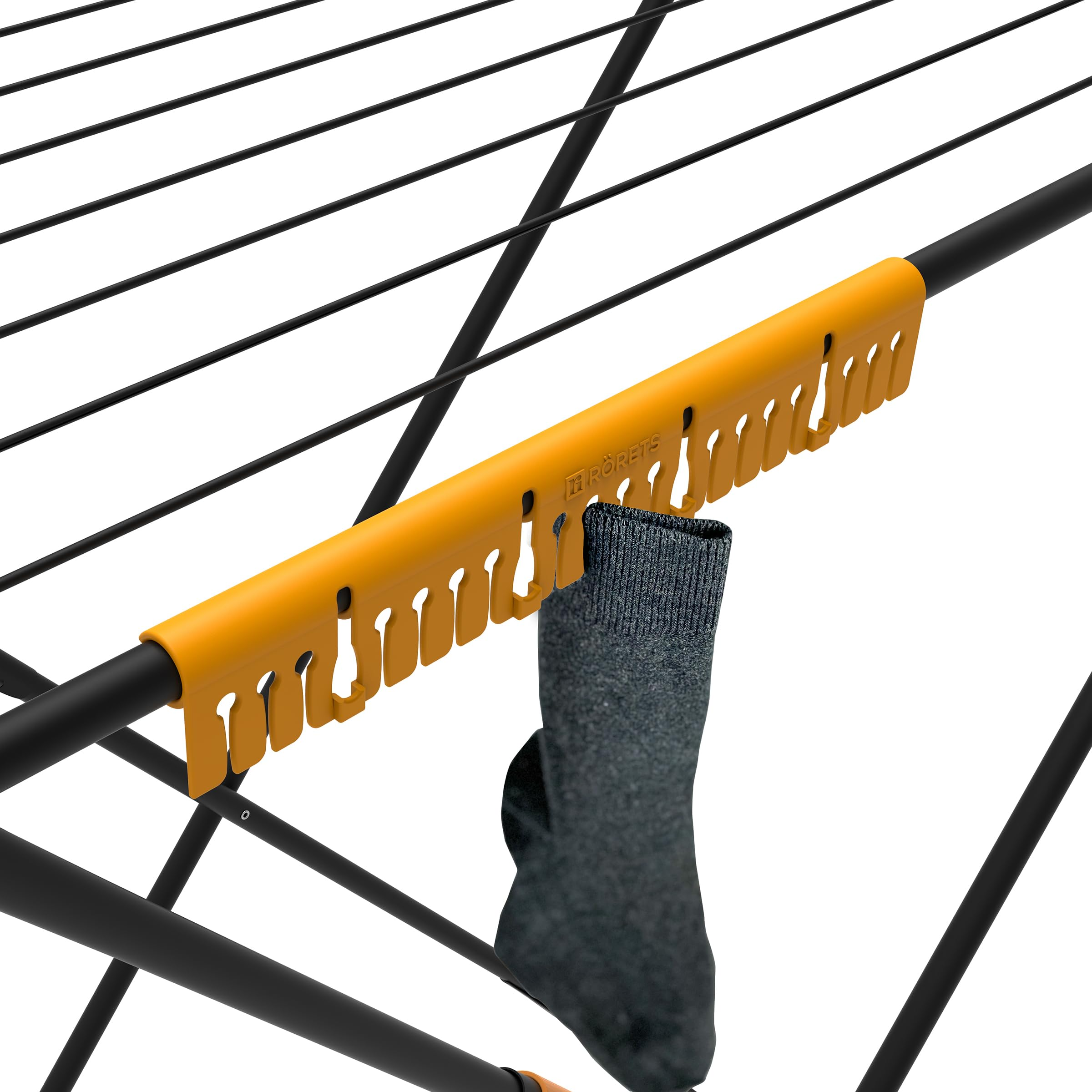 A gray sock hangs from an orange holder on a drying rack.