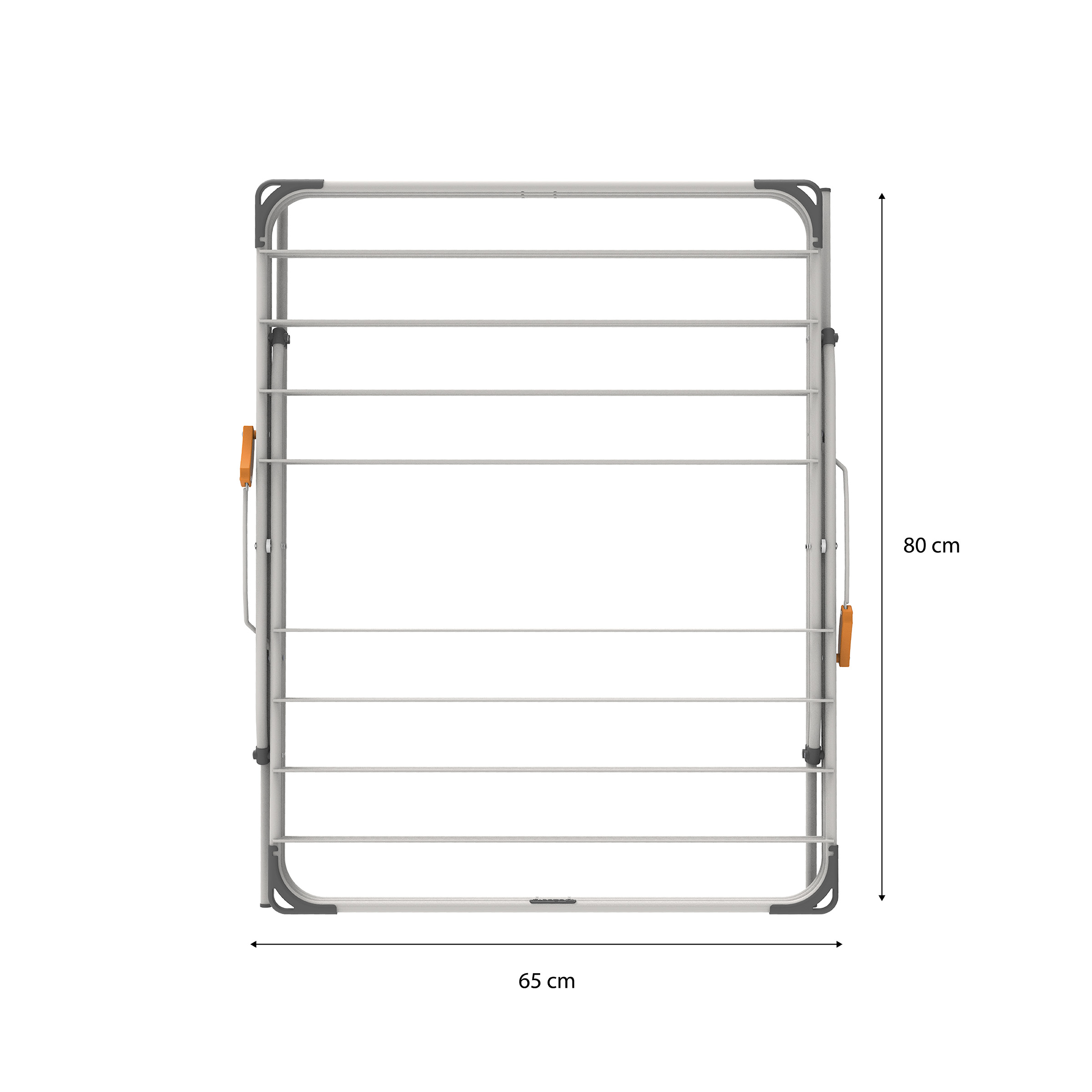 A silver drying rack with orange handles, 65x80 cm.