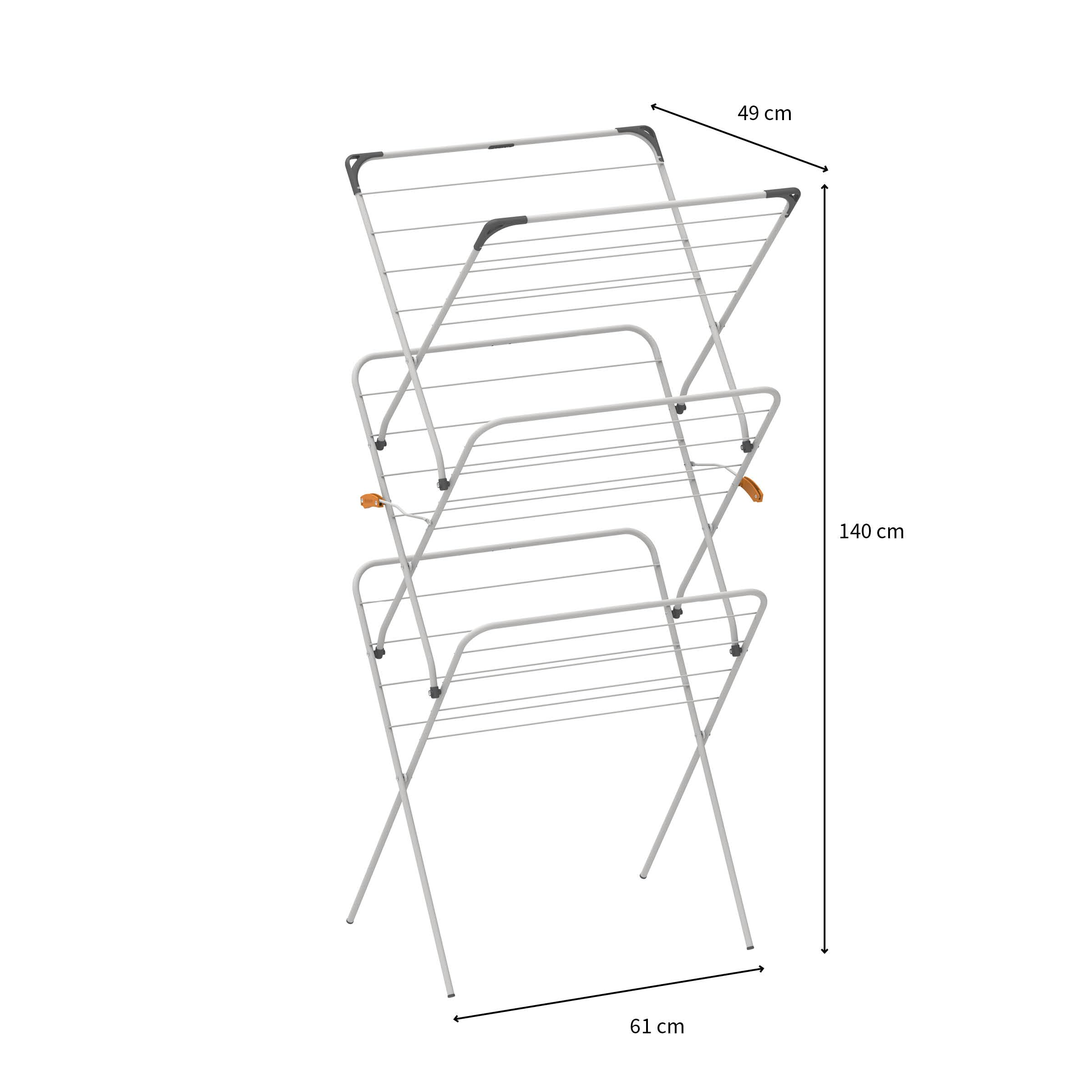 A white, three-tier clothes drying rack with silver bars.