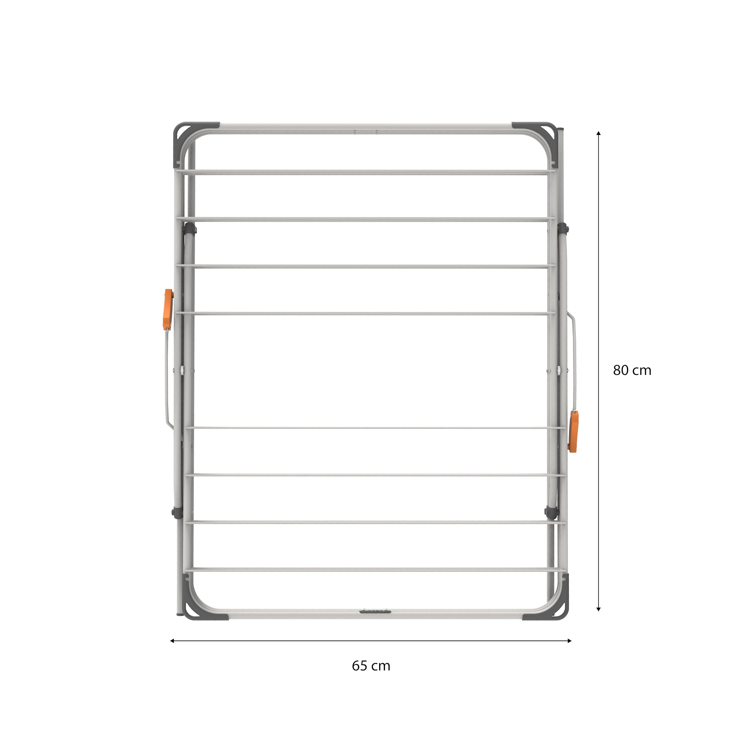 A foldable metal drying rack with orange handles, 80x65 cm.