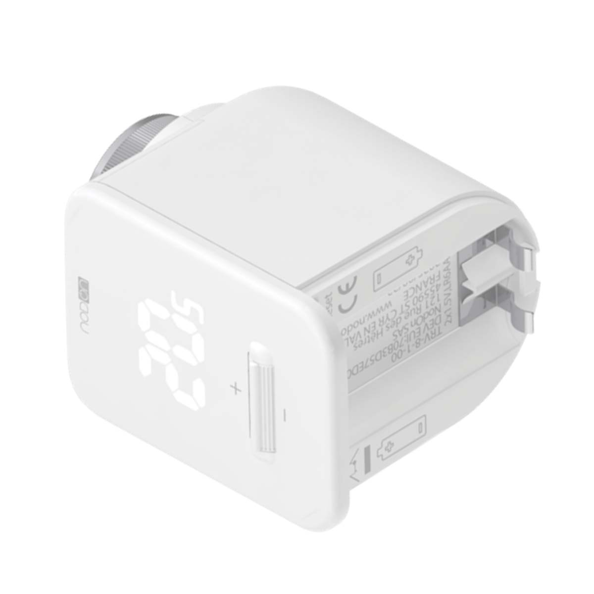 Un termostato blanco con pantalla digital que muestra 20,5 grados Celsius.