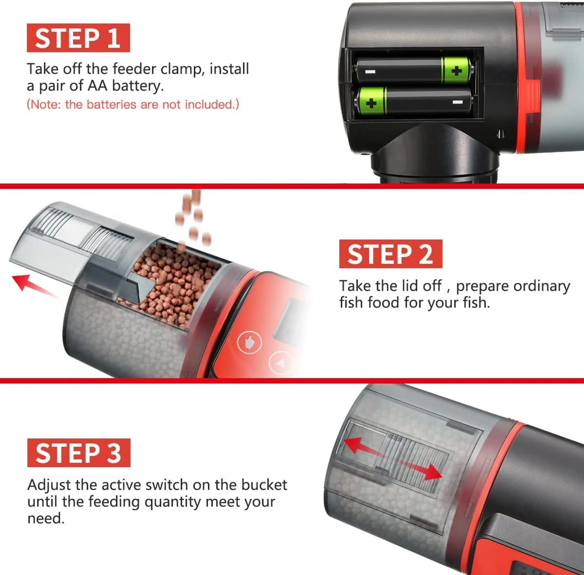 Schritt 1: Batterie einlegen. Schritt 2: Futter vorbereiten. Schritt 3: Futtermenge einstellen.