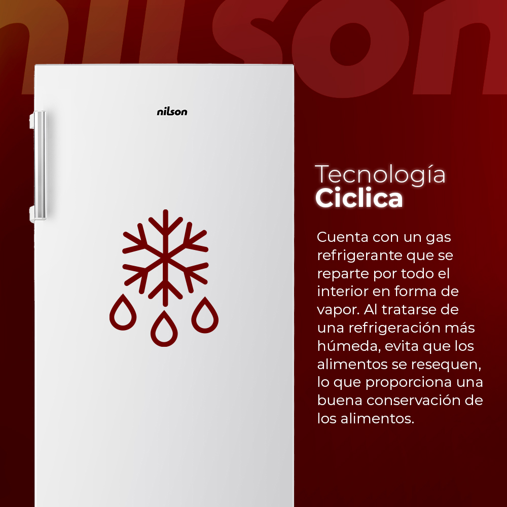 Refrigerador blanco con icono y texto de tecnología cíclica roja.