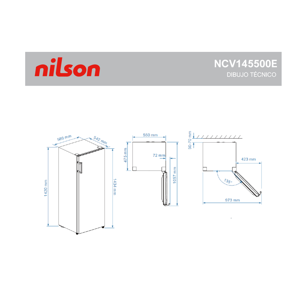 Dibujo técnico de un refrigerador con dimensiones. Vista izquierda, vista superior central y derecha.