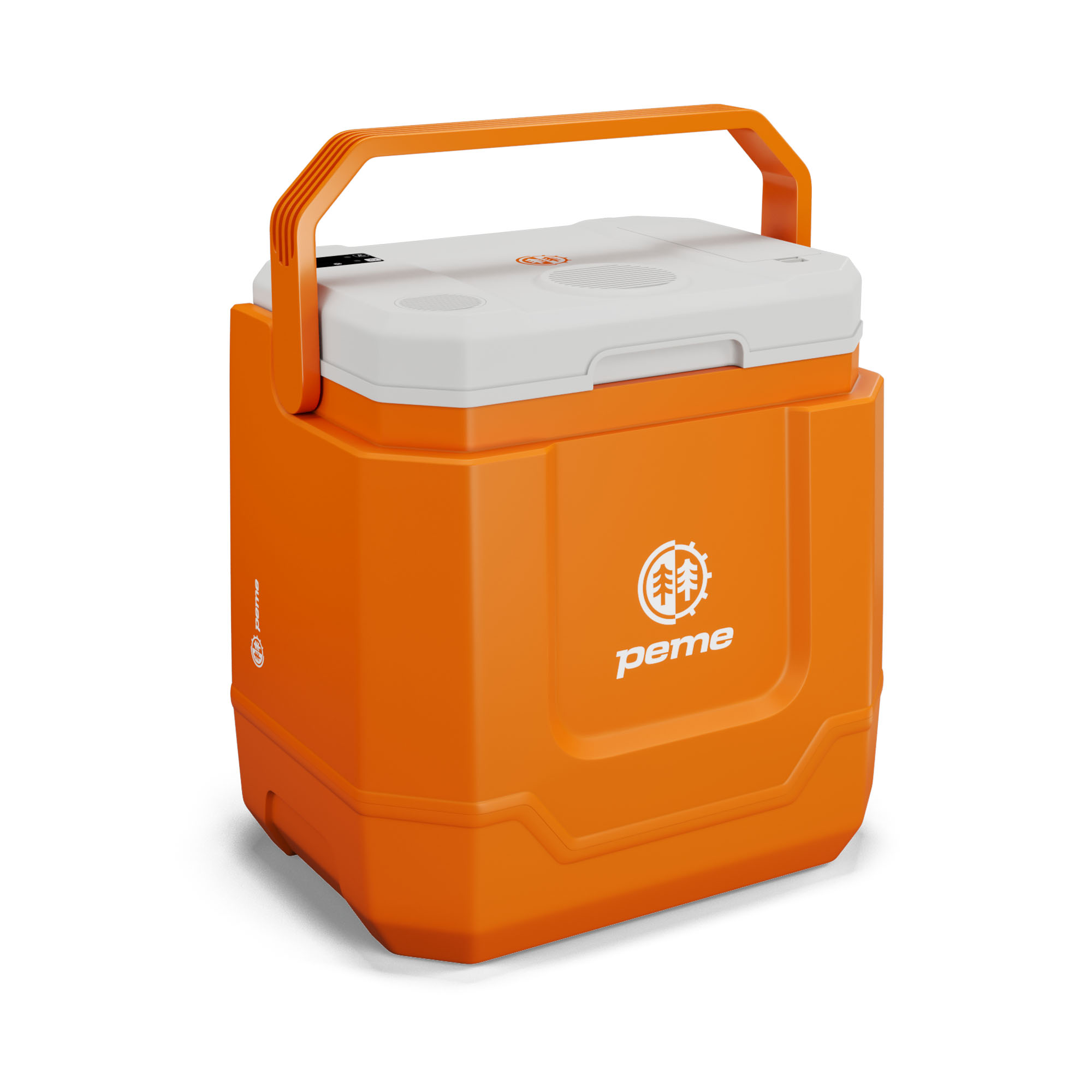 Oranje koelbox met wit deksel en handvat. Logo op de voorkant.