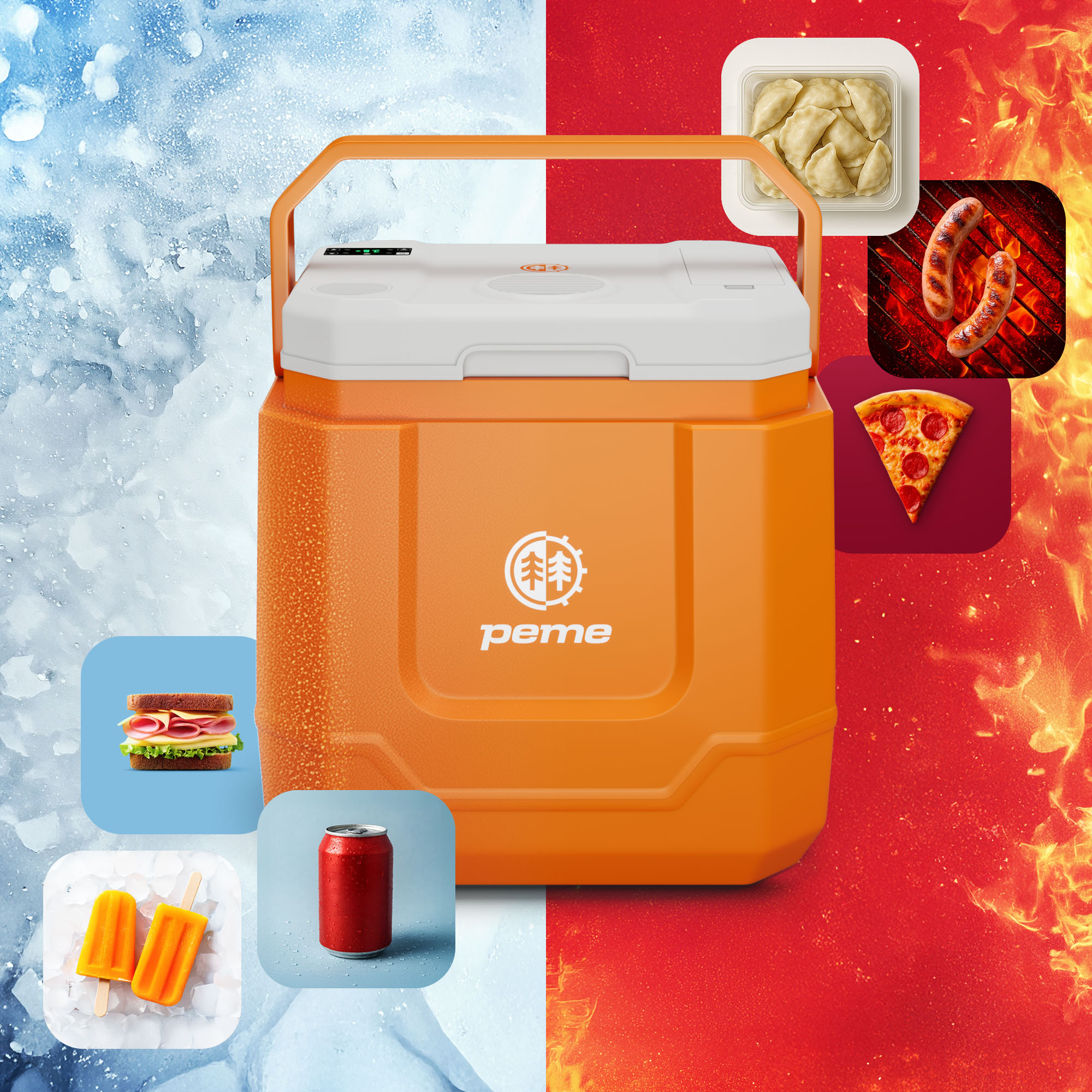Een oranje koelbox met etenswaren zoals ijsjes, frisdrank, sandwich, pizza, worstjes en dumplings.