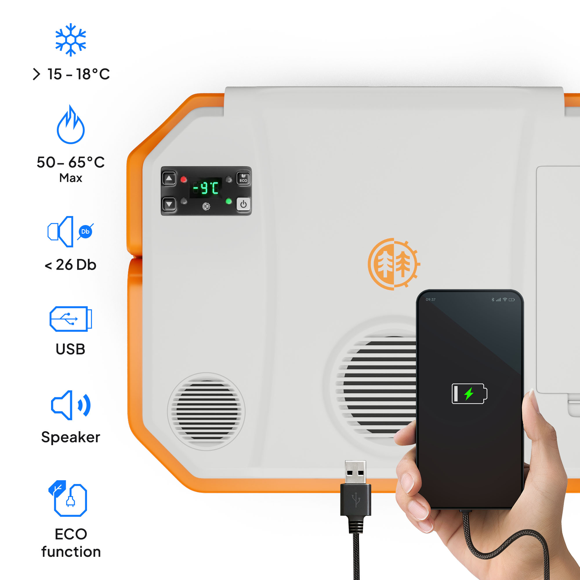 Koeler met display op -9°C, USB-poort en oplaadindicator op smartphone.