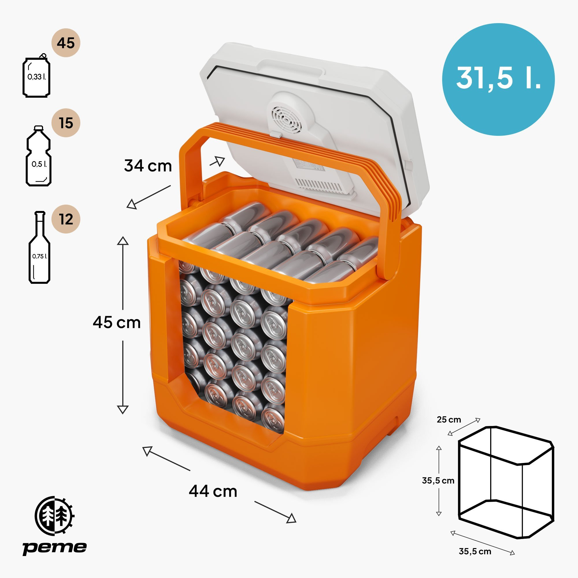 Borsa frigo arancione piena di lattine argentate, dimensioni e capacità indicate.