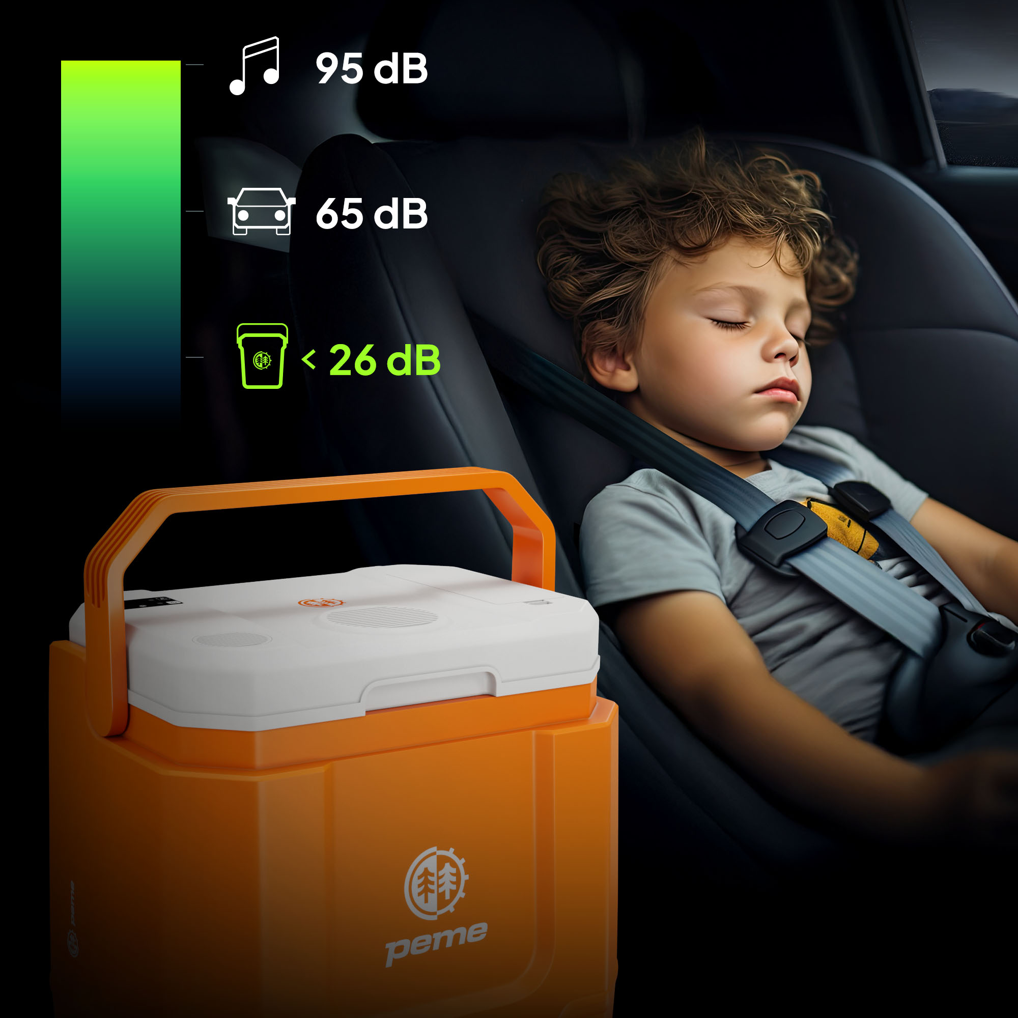 Een jongen slaapt in een auto naast een oranje koelbox, met dB-metingen.