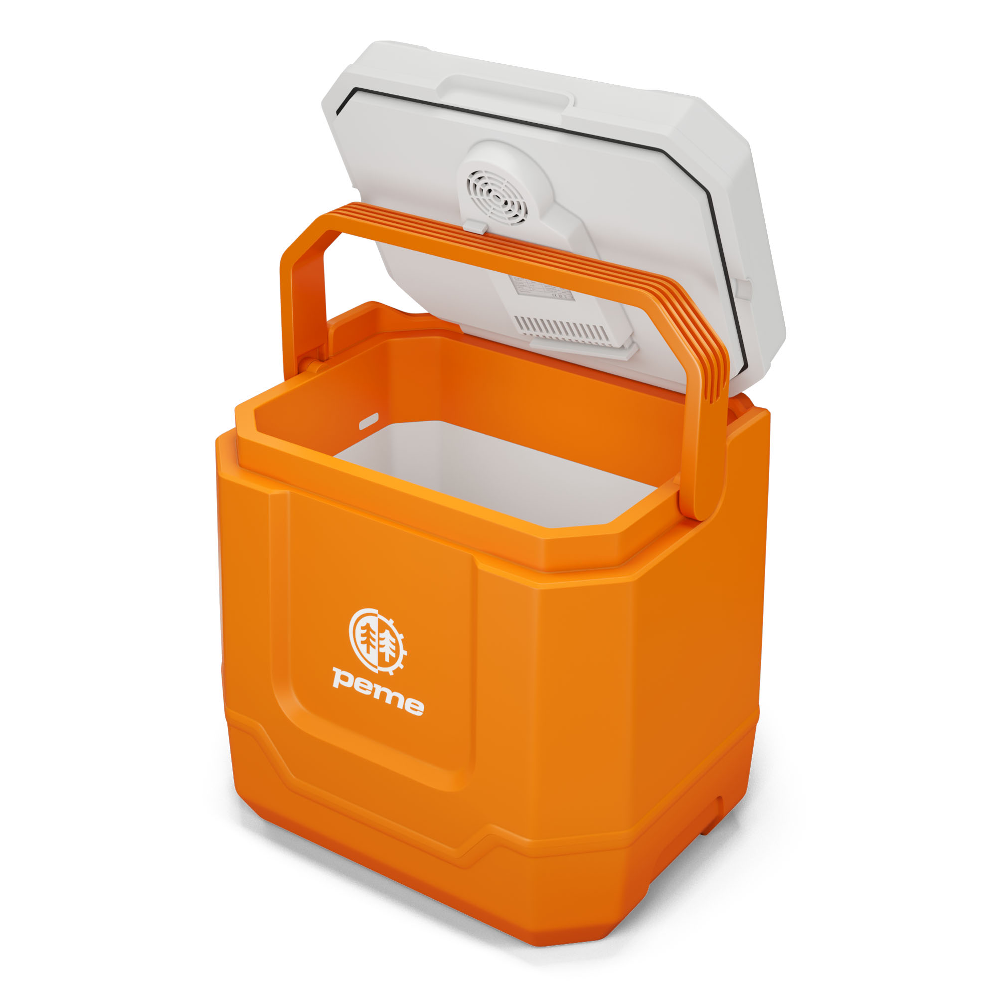Een open oranje koelbox met een wit deksel en handvat.