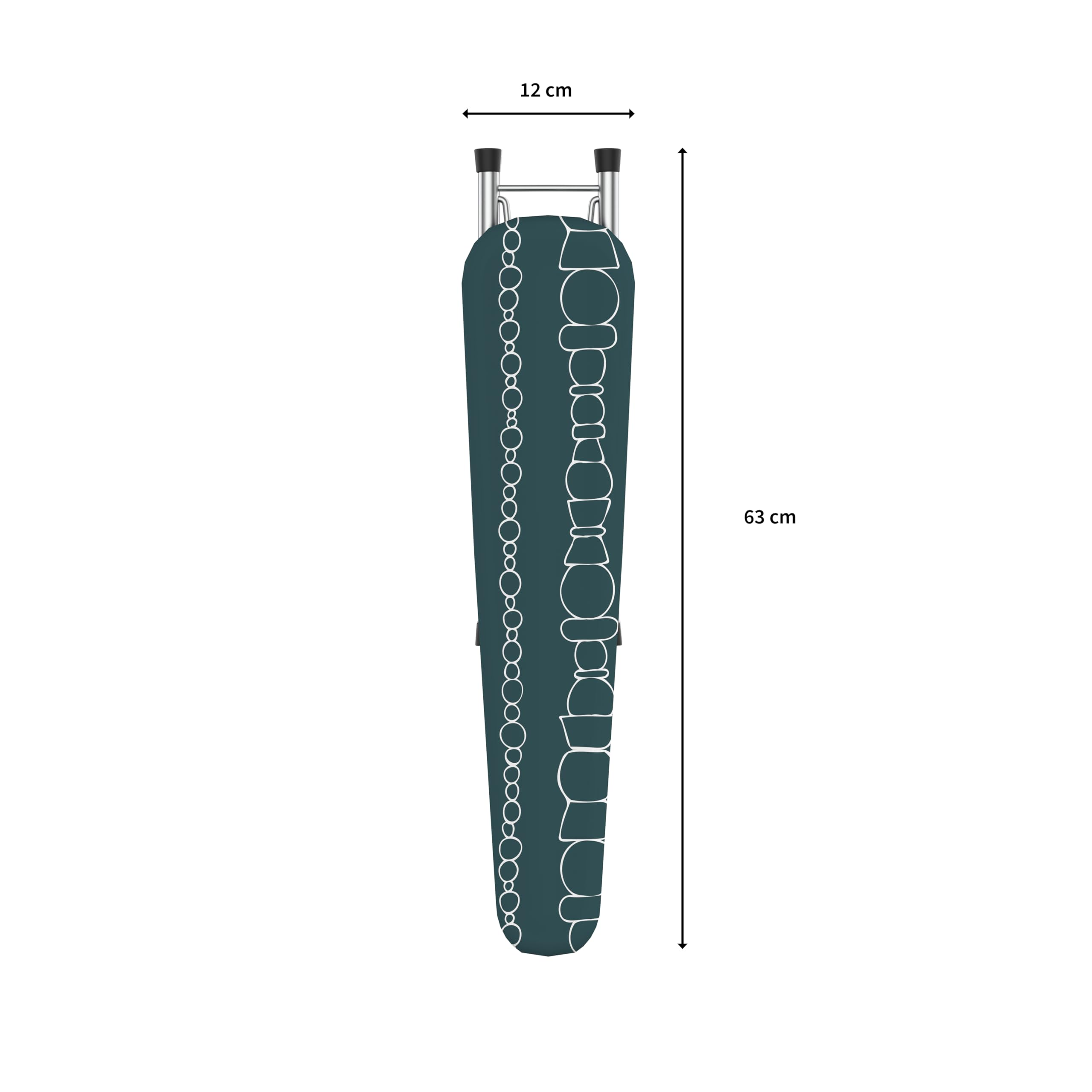 Dunkelgrüne Bügelbrettbezug mit weißem Muster, 63cm lang, 12cm breit.
