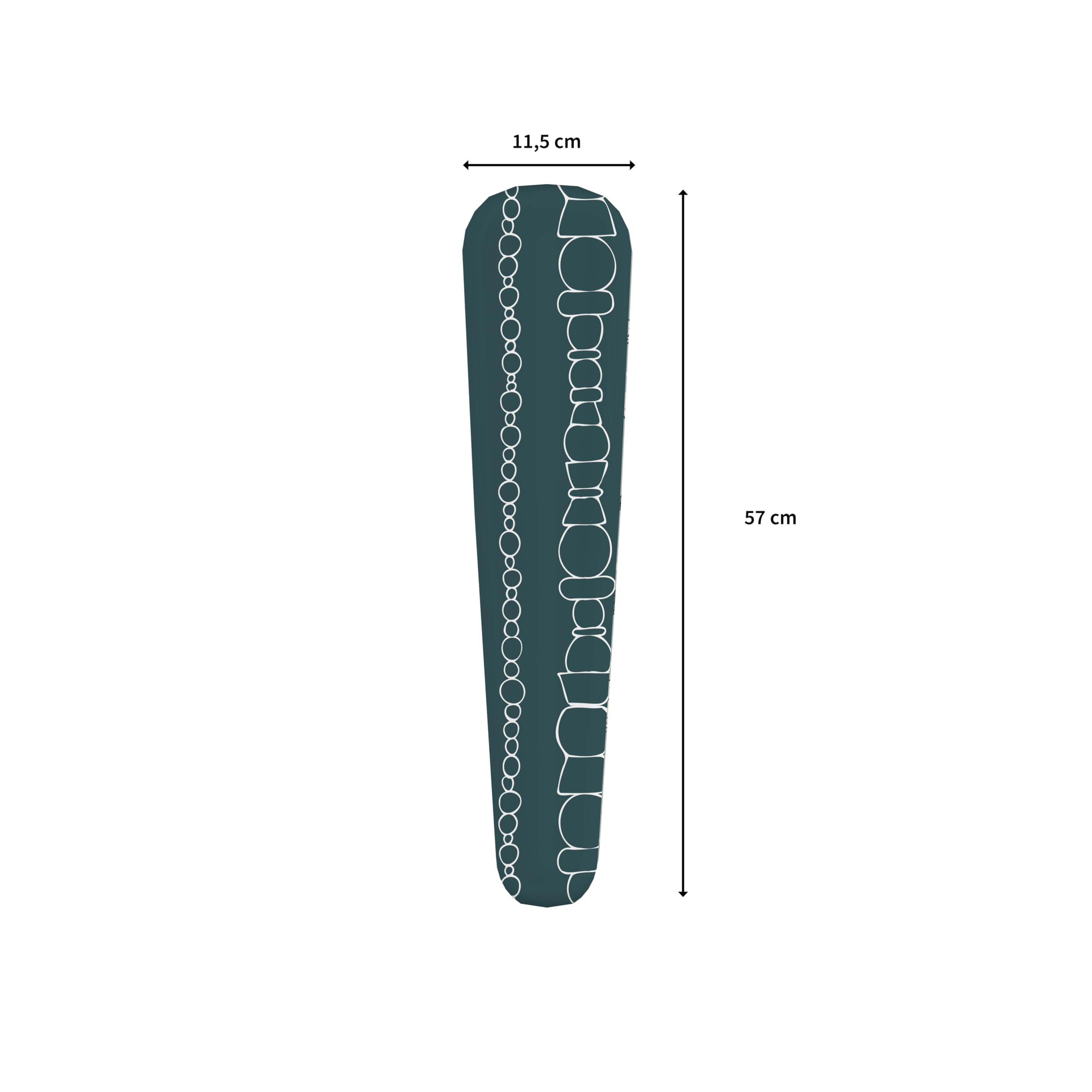 Ein schmales, dunkelblaues Objekt mit weißen Linienmustern, 57 cm lang, 11,5 cm breit.